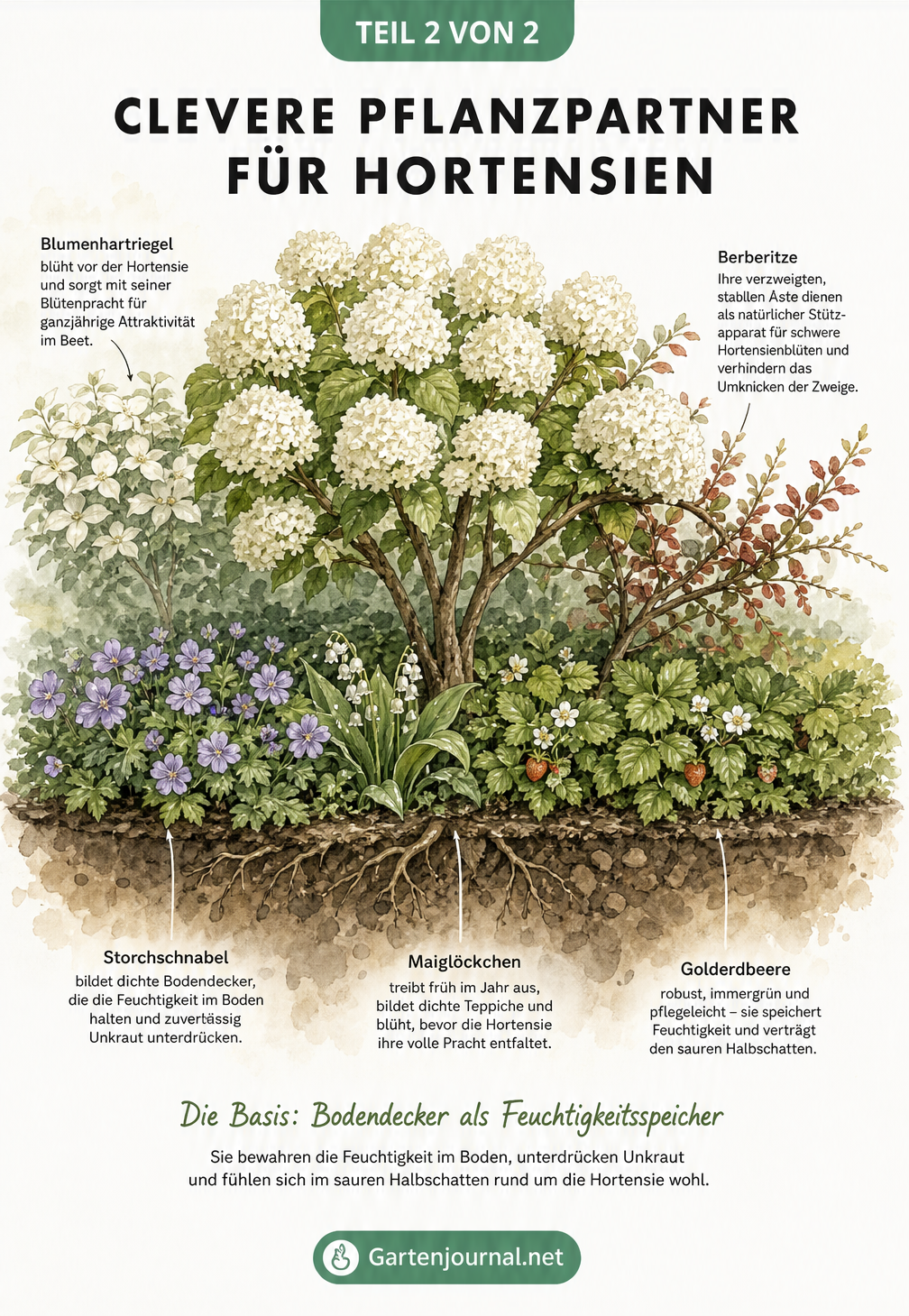 Aquarell-Illustration eines Gartenbeets mit einer Baumhortensie, gestützt durch eine Berberitze, und Bodendeckern wie Storchschnabel