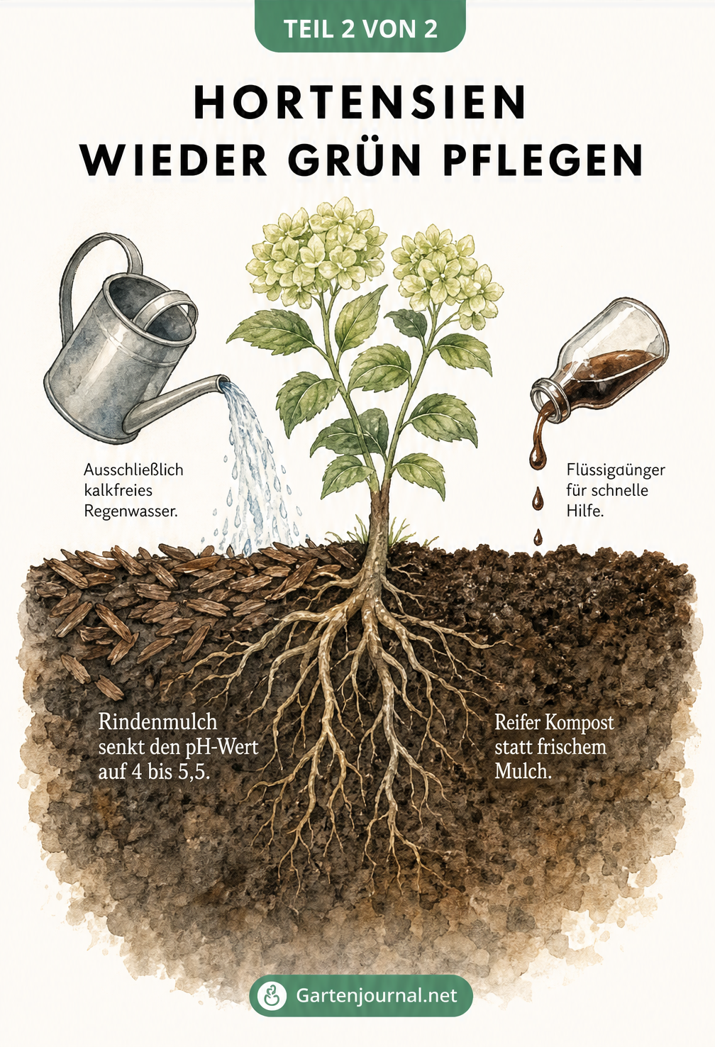 Illustration zur Behandlung von Hortensien mit Regenwasser, Rindenmulch und Flüssigdünger