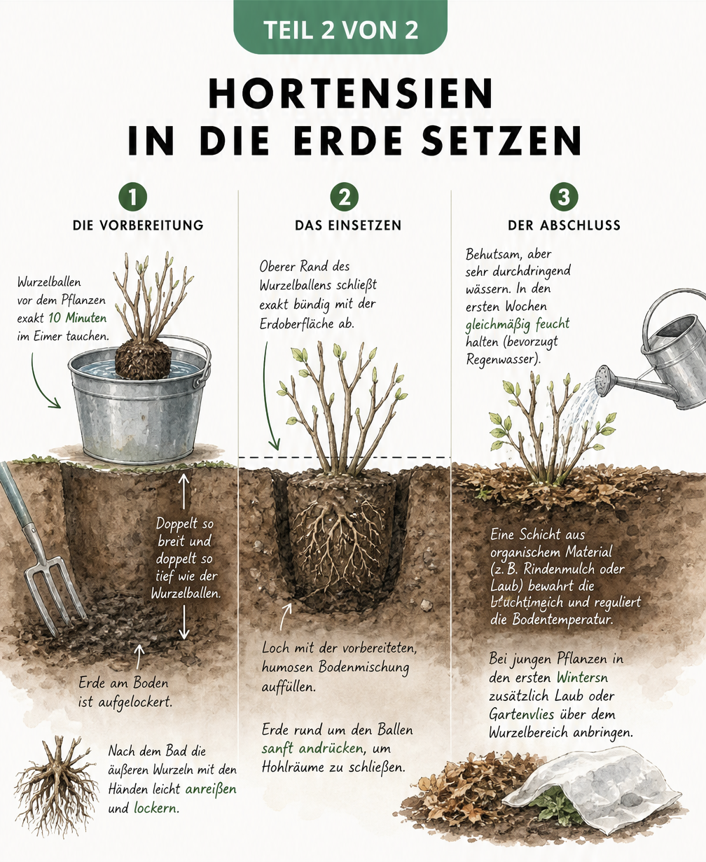 Skizze von drei Pflanzlöchern, die die Schritte beim Einpflanzen einer Hortensie zeigen