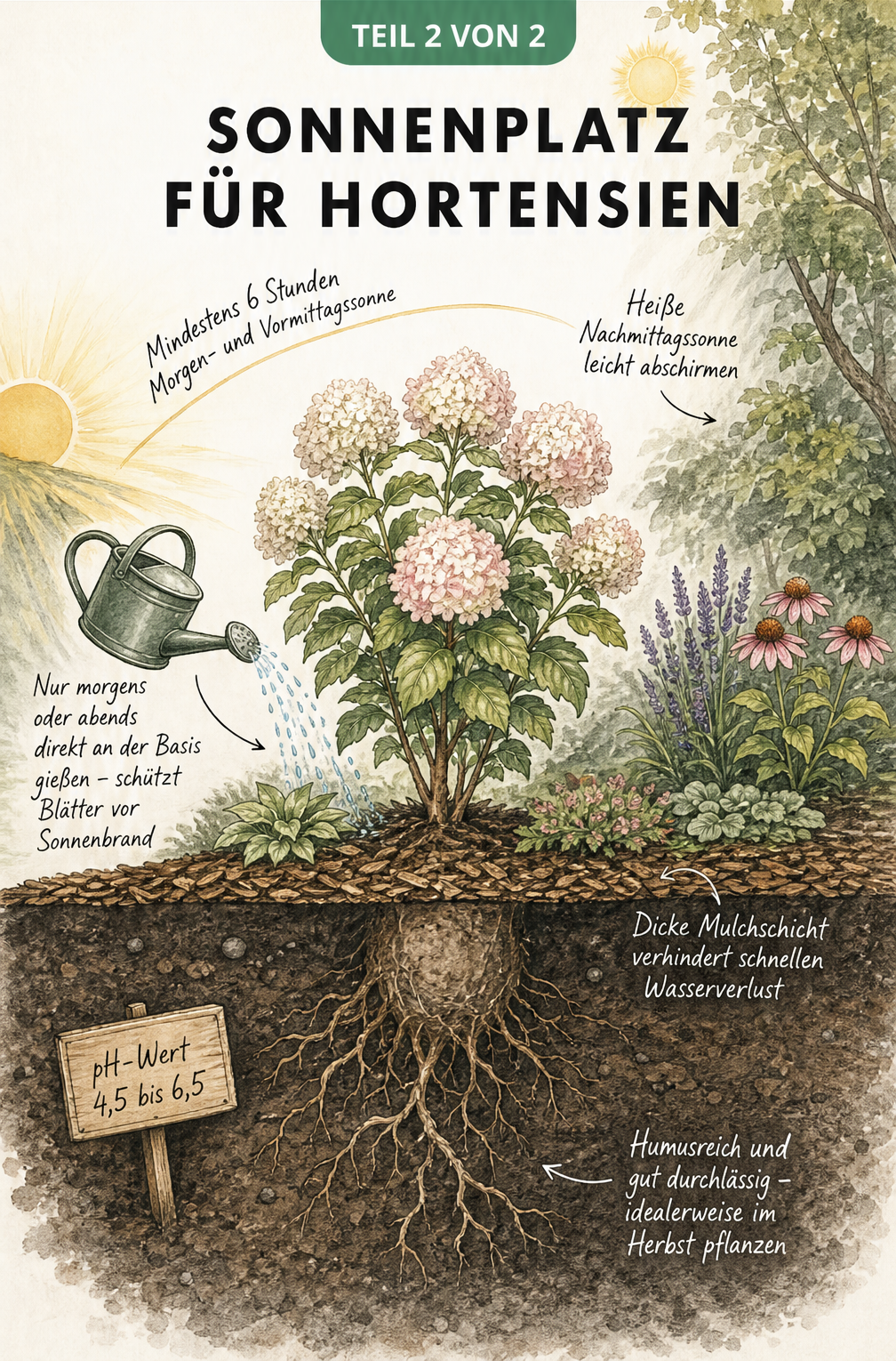 Querschnitt eines Gartenbeets mit einer Hortensie, der den idealen Sonnenverlauf, richtiges Gießen an der Basis und den optimalen Bodenaufbau zeigt