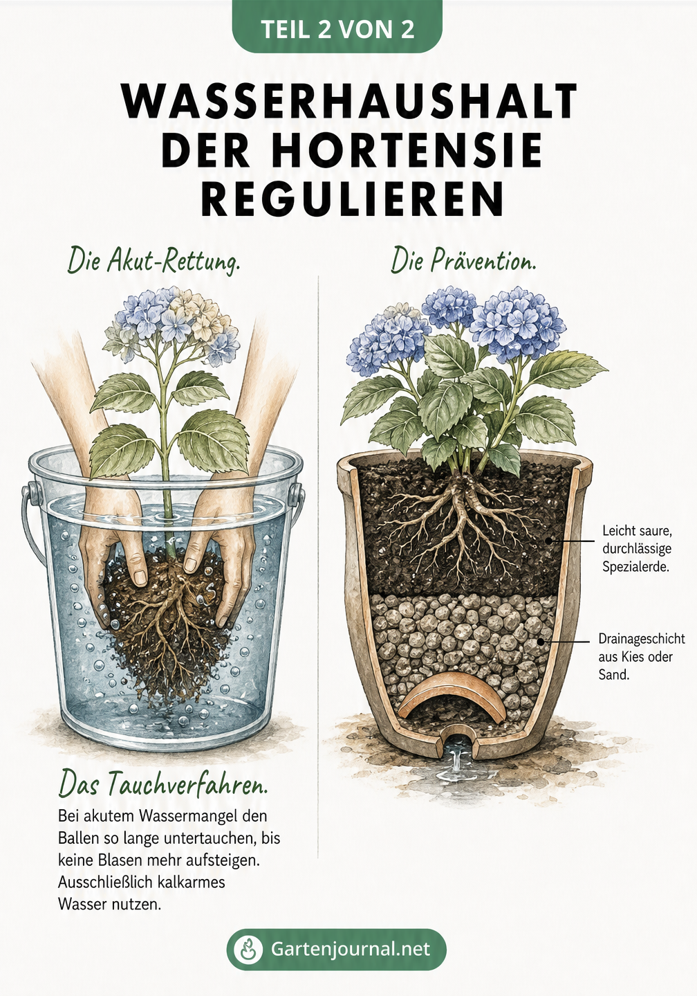 Illustration zur Regulierung des Wasserhaushalts bei Hortensien: Tauchverfahren bei Trockenheit und Schichtaufbau im Kübel gegen Staunässe