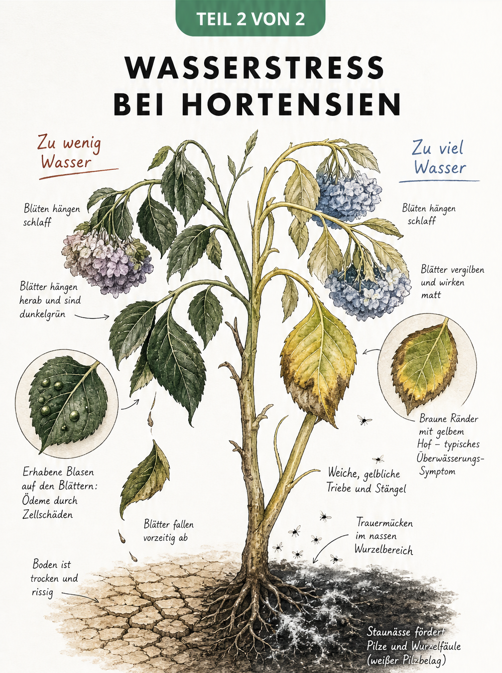 Illustration eines Hortensienzweigs, der links Symptome von Wassermangel und rechts Symptome von Überwässerung zeigt