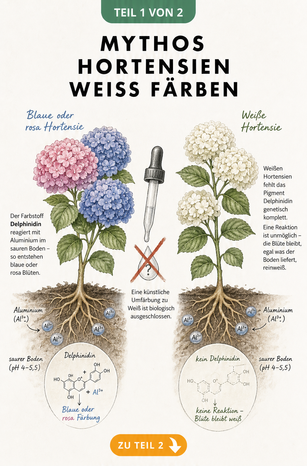 Botanische Schnittzeichnung zweier Hortensien, die zeigt, warum weiße Hortensien sich nicht blau färben lassen.