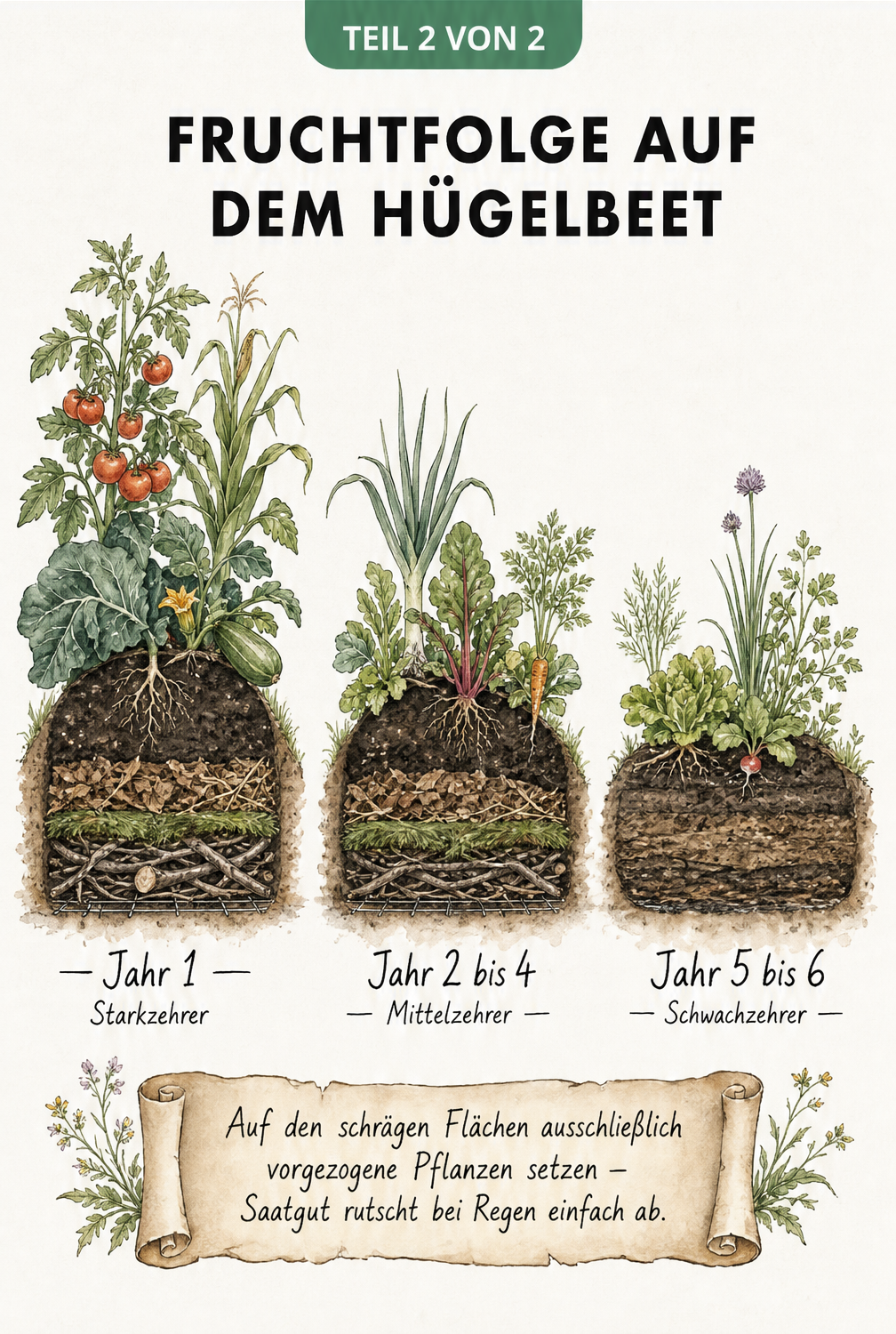Fruchtfolge auf dem Hügelbeet über sechs Jahre mit Starkzehrern, Mittelzehrern und Schwachzehrern