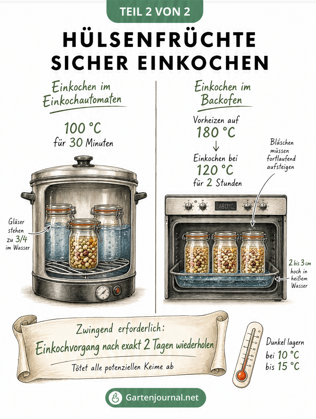 Vergleich von Einkochautomat und Backofen mit Temperatur- und Zeitangaben sowie dem Hinweis auf den zweiten Einkochvorgang