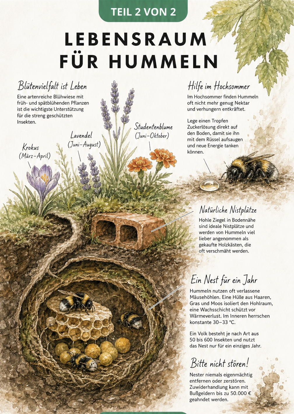 Querschnitt durch einen Gartenboden mit einem Hummelnest in einer Mäusehöhle und Trachtpflanzen an der Oberfläche