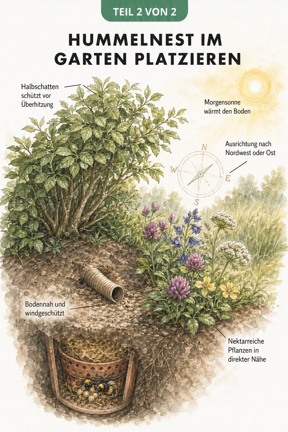 Illustration eines Hummelnests im Garten unter einem Strauch mit Morgensonne und nektarreichen Pflanzen