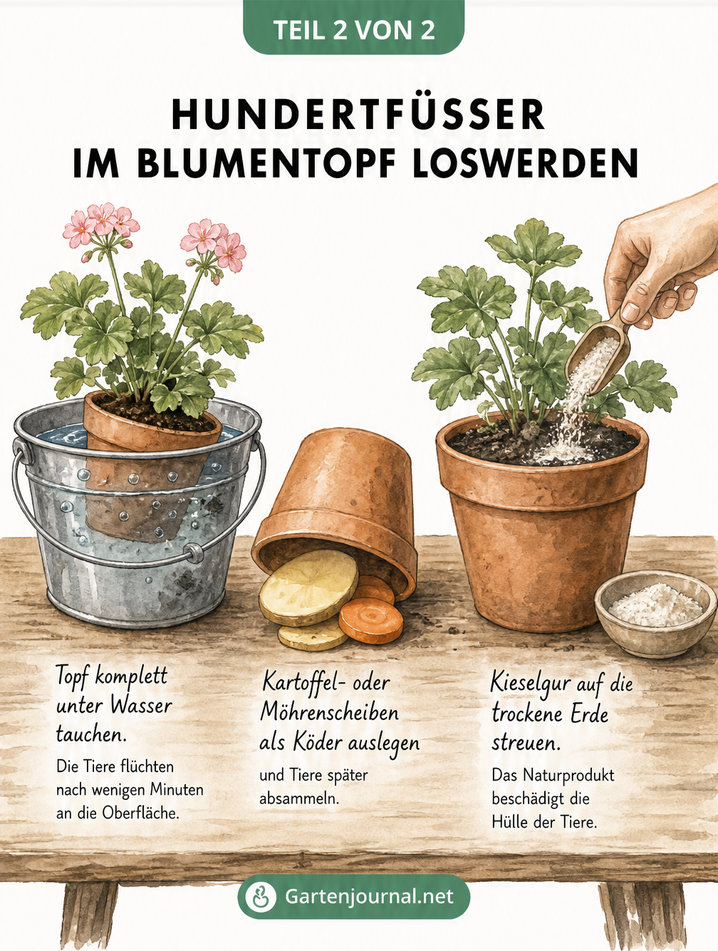 Drei Methoden zur Bekämpfung von Hundertfüßern: Blumentopf tauchen, Kartoffelscheiben als Köder und Kieselgur streuen