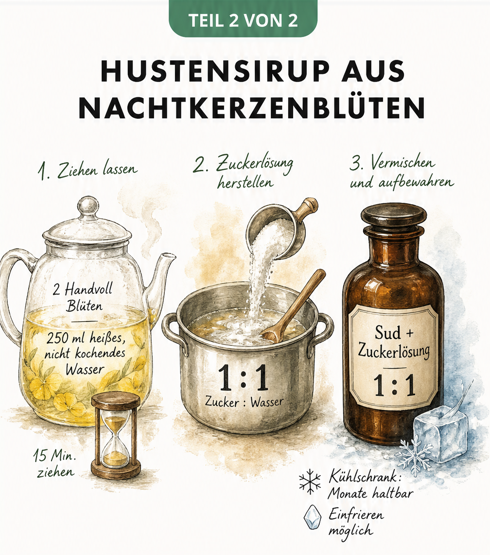 Illustration zur Herstellung von Hustensirup aus Nachtkerzenblüten mit Teekanne, Kochtopf und Apothekerflasche