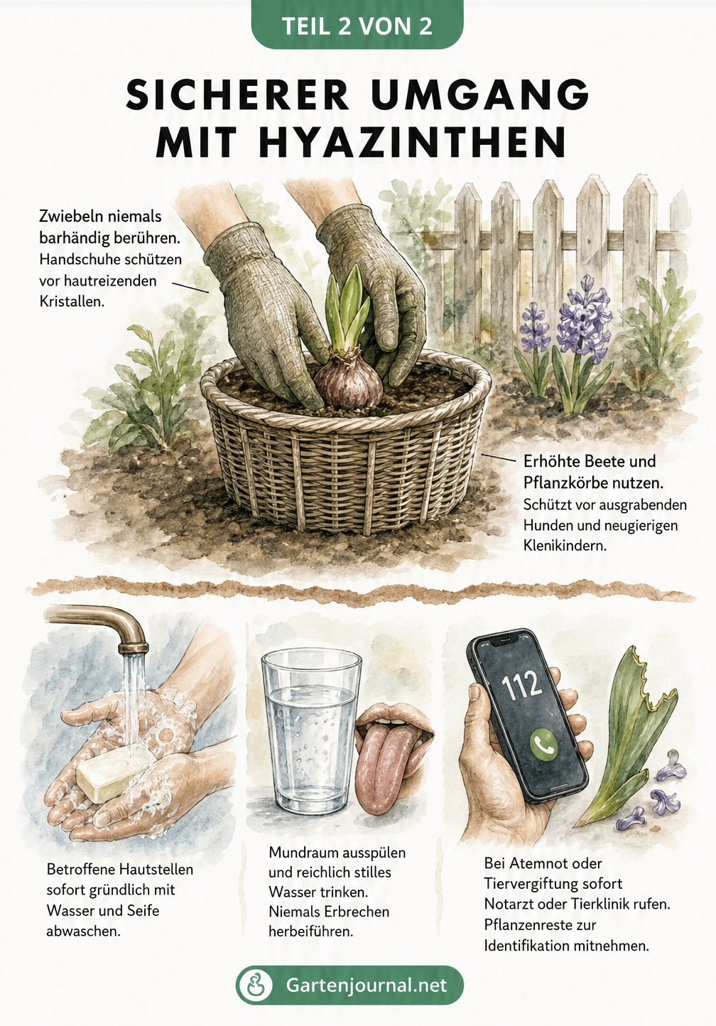 Aquarell-Illustration zum sicheren Umgang mit Hyazinthen im Garten und Erste-Hilfe-Maßnahmen