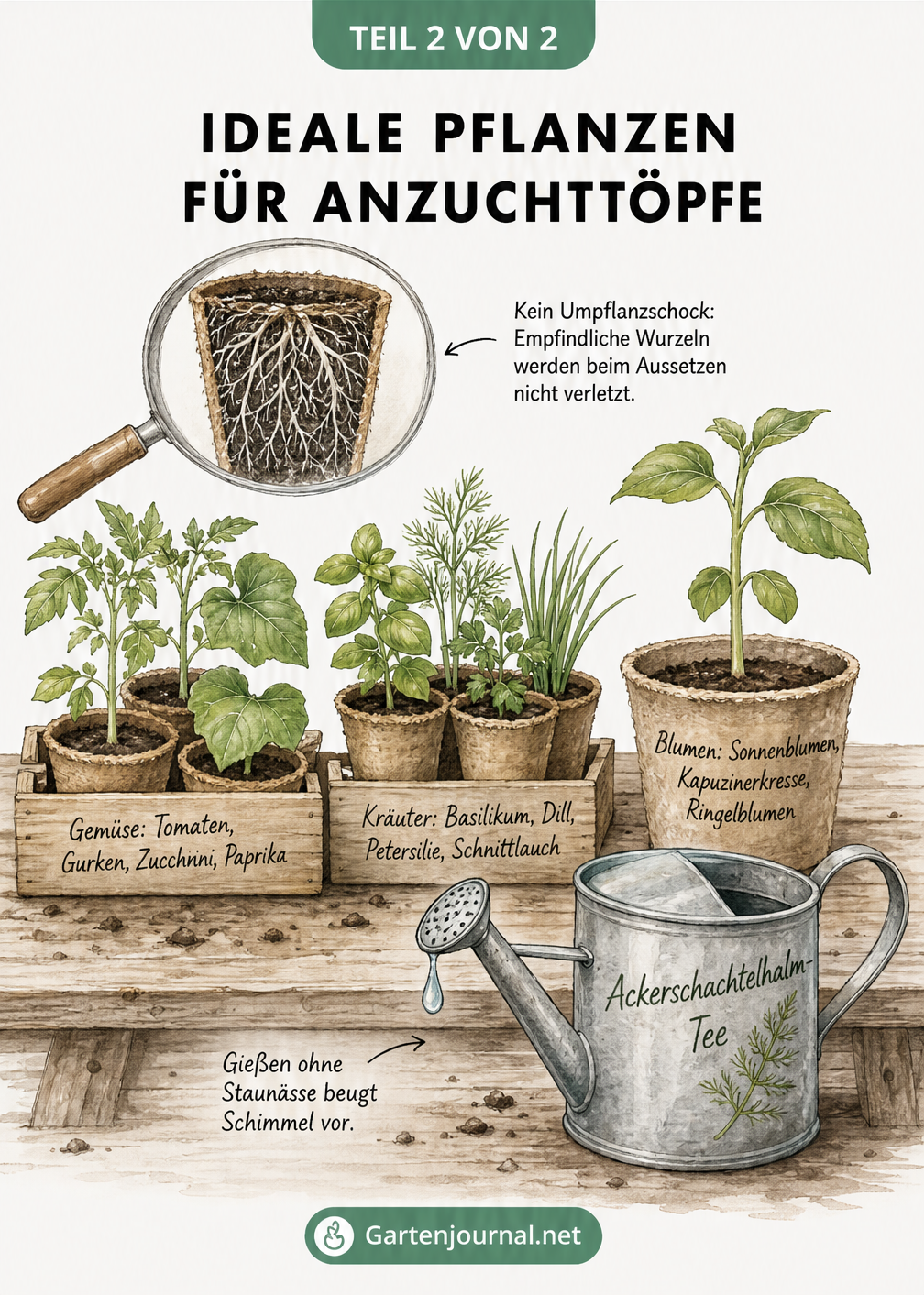 Illustration eines Pflanztisches mit Gemüsesetzlingen, Kräutern und Blumen in abbaubaren Anzuchttöpfen.