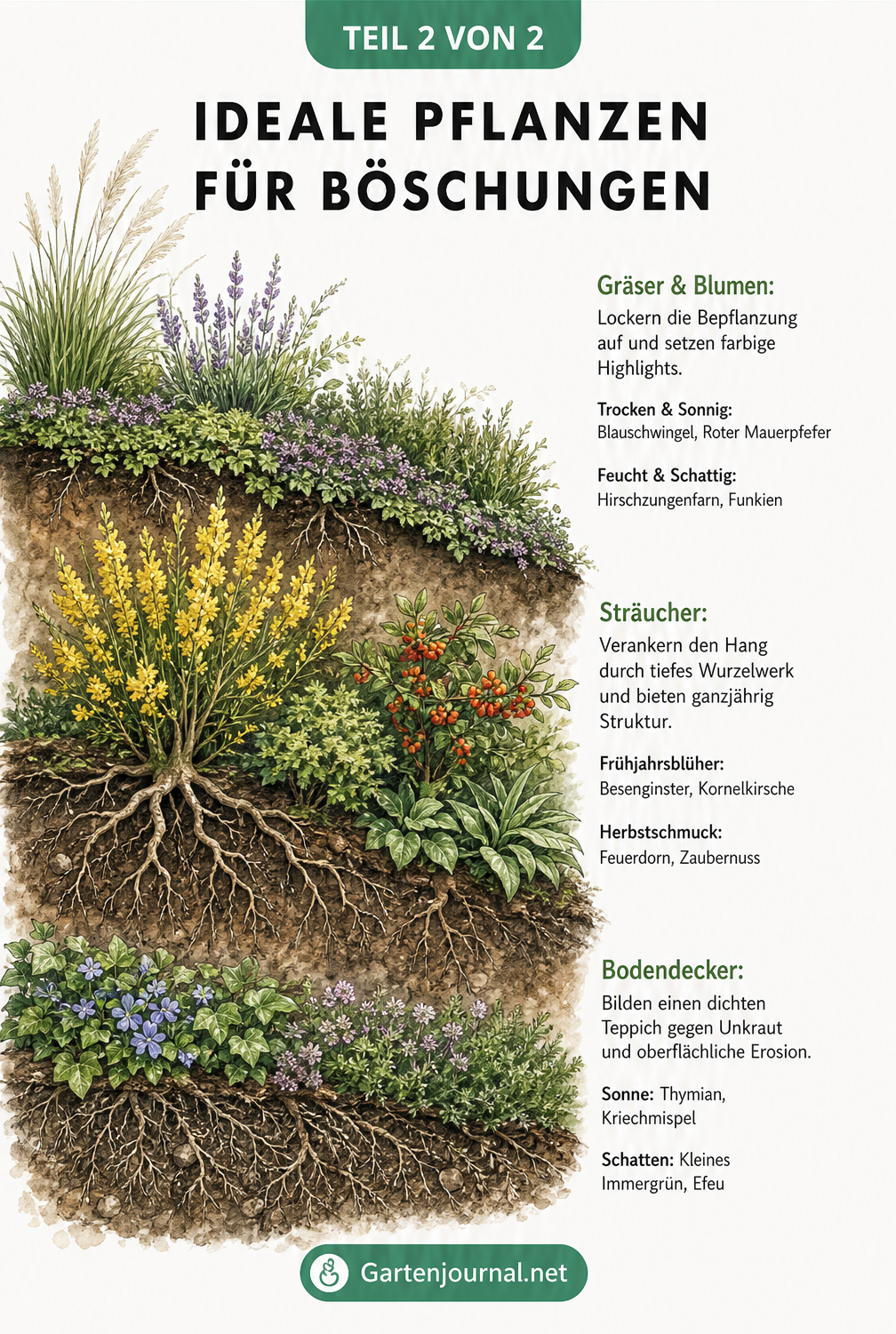 Illustration verschiedener Pflanzen für Böschungen: Bodendecker, Sträucher sowie Gräser und Blumen mit ihren Wurzeltypen