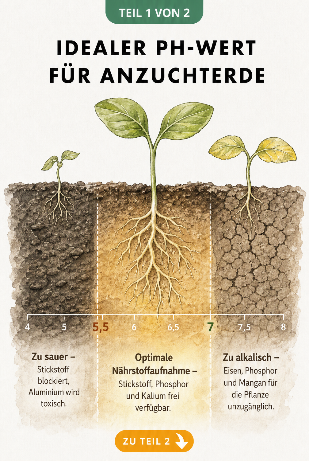Illustration einer pH-Wert-Skala von 4 bis 8 als Erdschnitt, die den idealen Bereich für Anzuchterde zwischen 5,5 und 7 mit einem gesunden Keimling zeigt.