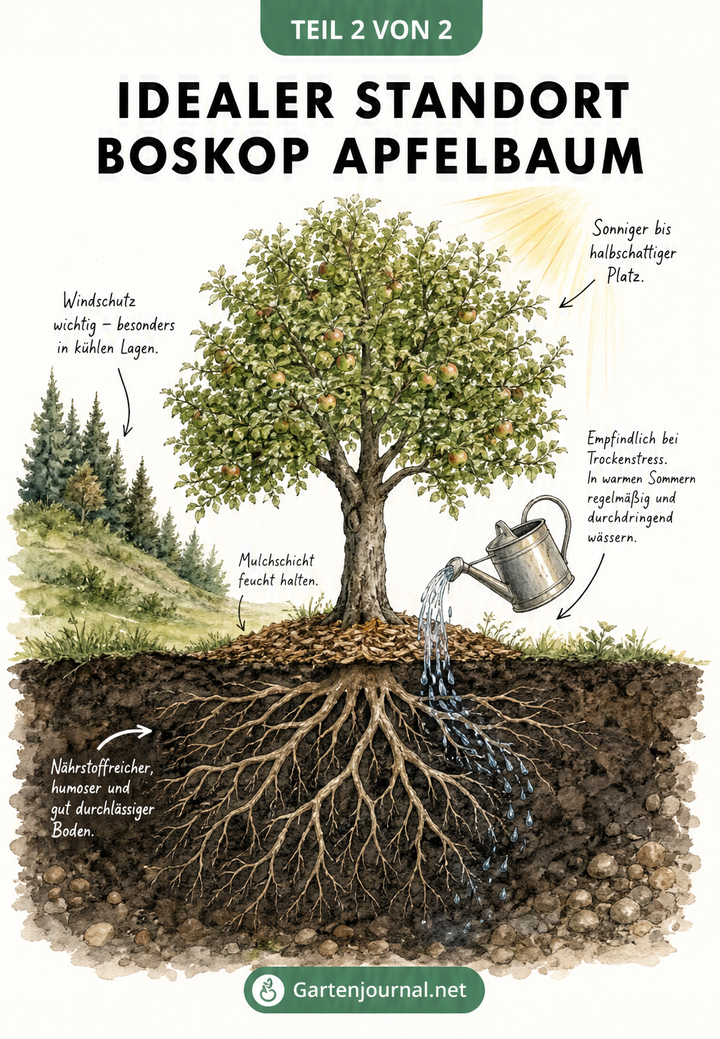 Schnittzeichnung eines Boskop-Apfelbaums mit idealem Standort, Bodenbeschaffenheit und Wasserbedarf