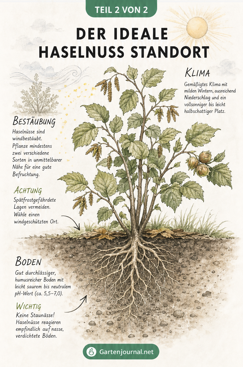 Botanische Illustration eines Haselnussstrauchs mit Wurzelwerk und Hinweisen zum idealen Standort