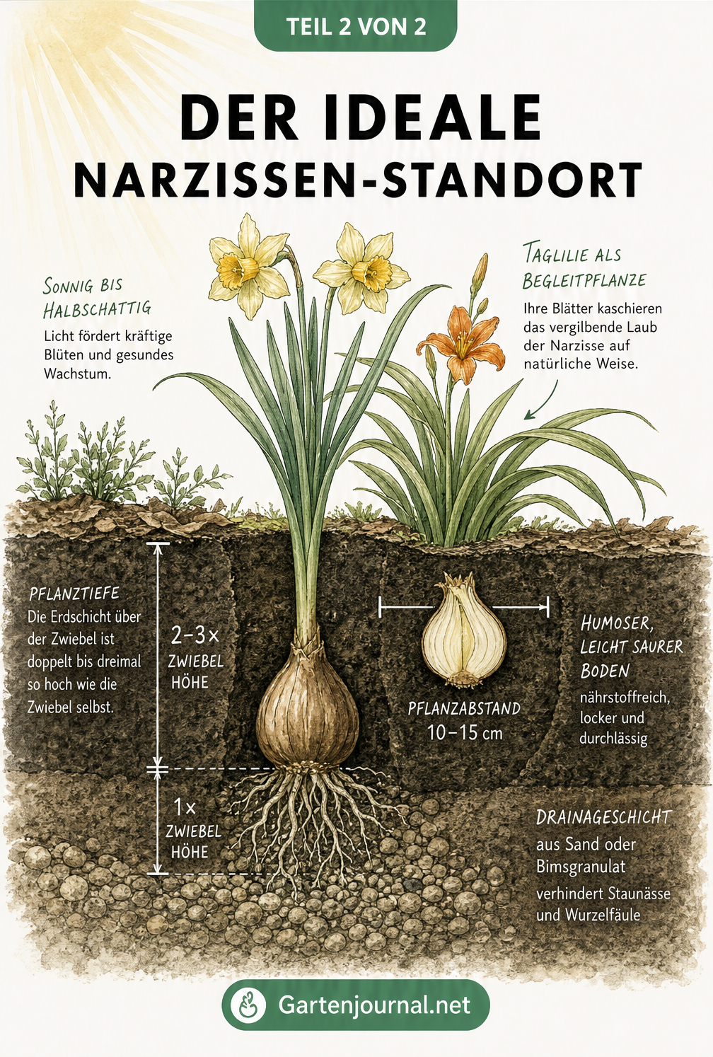 Botanische Querschnitt-Zeichnung eines Gartenbeets, die die ideale Pflanztiefe, den Pflanzabstand und die Bodenstruktur für Narzissenzwiebeln veranschaulicht.