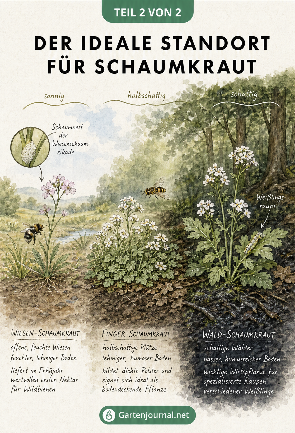 Querschnitt einer Gartenlandschaft mit idealen Standorten für verschiedene Schaumkraut-Arten