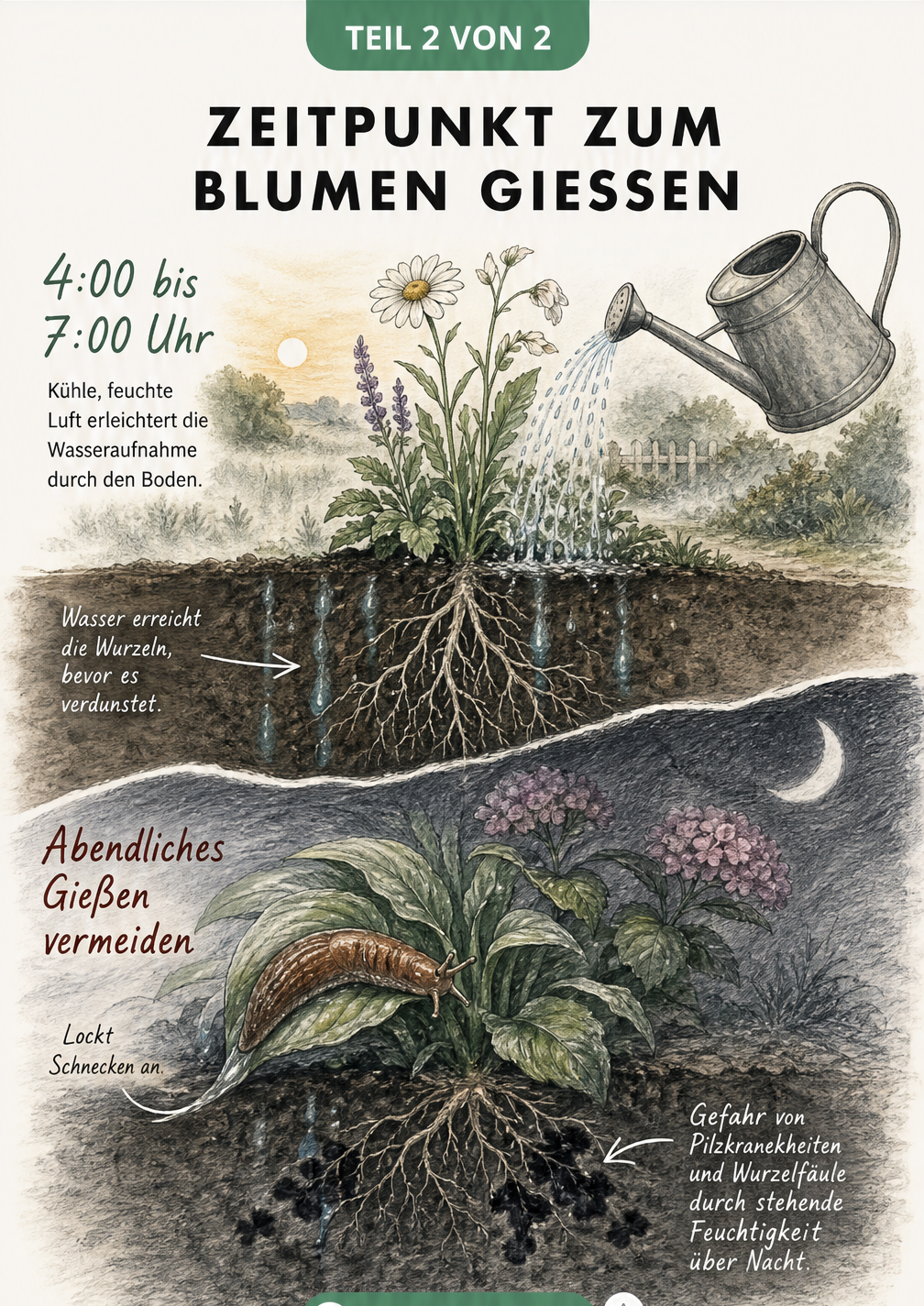 Illustration eines Tagesverlaufs im Garten, die zeigt, warum morgendliches Gießen besser ist als abendliches Gießen.
