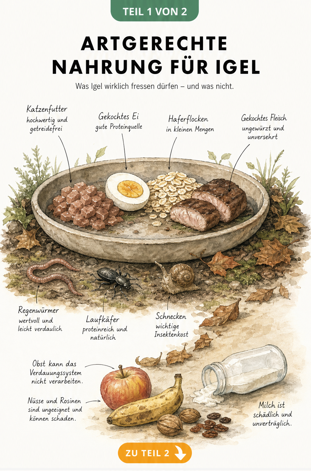 Illustration einer Keramikschale mit artgerechter Igelnahrung wie Katzenfutter, Ei und Insekten sowie verbotenen Lebensmitteln wie Obst und Milch