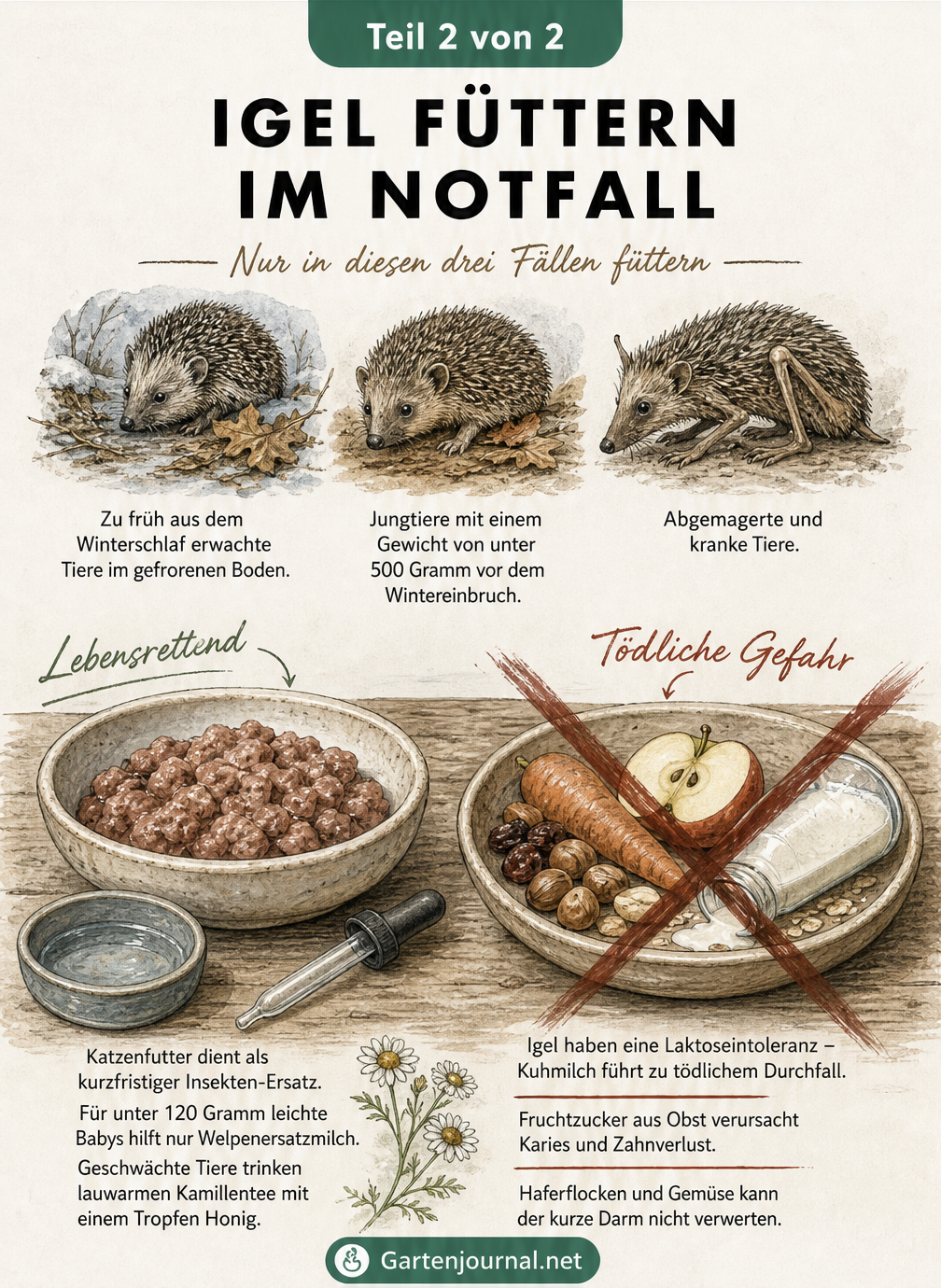 Illustration von Futterschalen für Igel, die zeigt, dass Katzenfutter lebensrettend sein kann, während Milch, Obst und Gemüse tödlich sind.