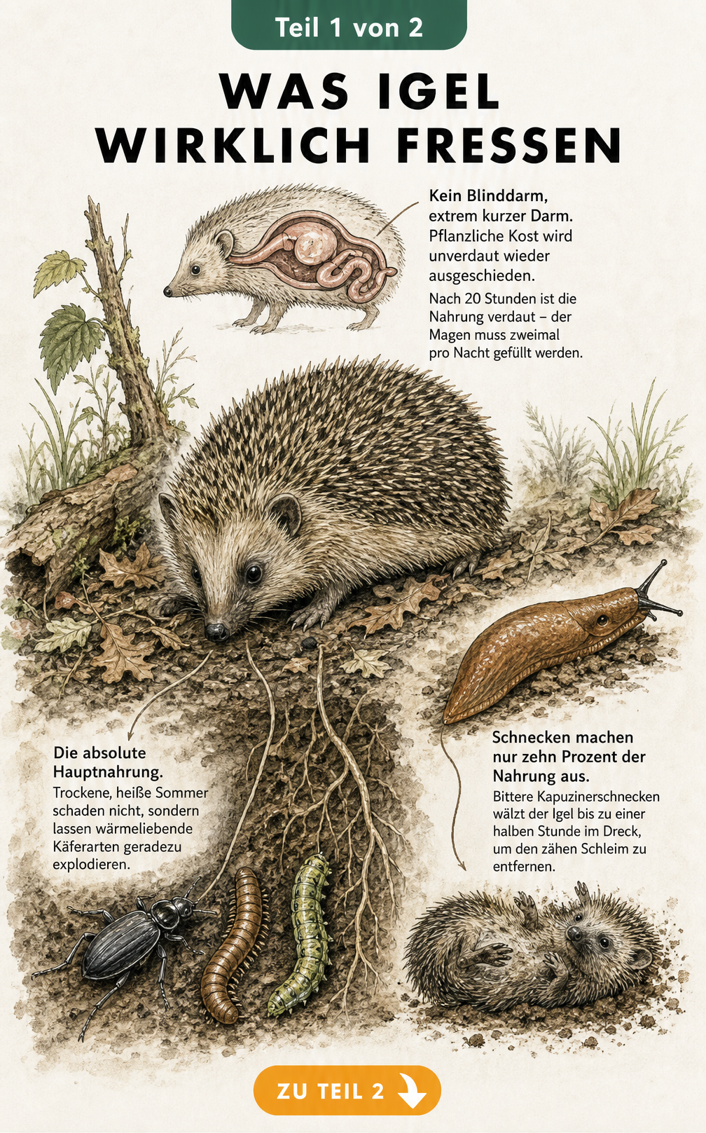 Illustration eines Igels im Wald, der nach Käfern, Raupen und Schnecken sucht, mit Erklärung seines kurzen Verdauungstrakts.