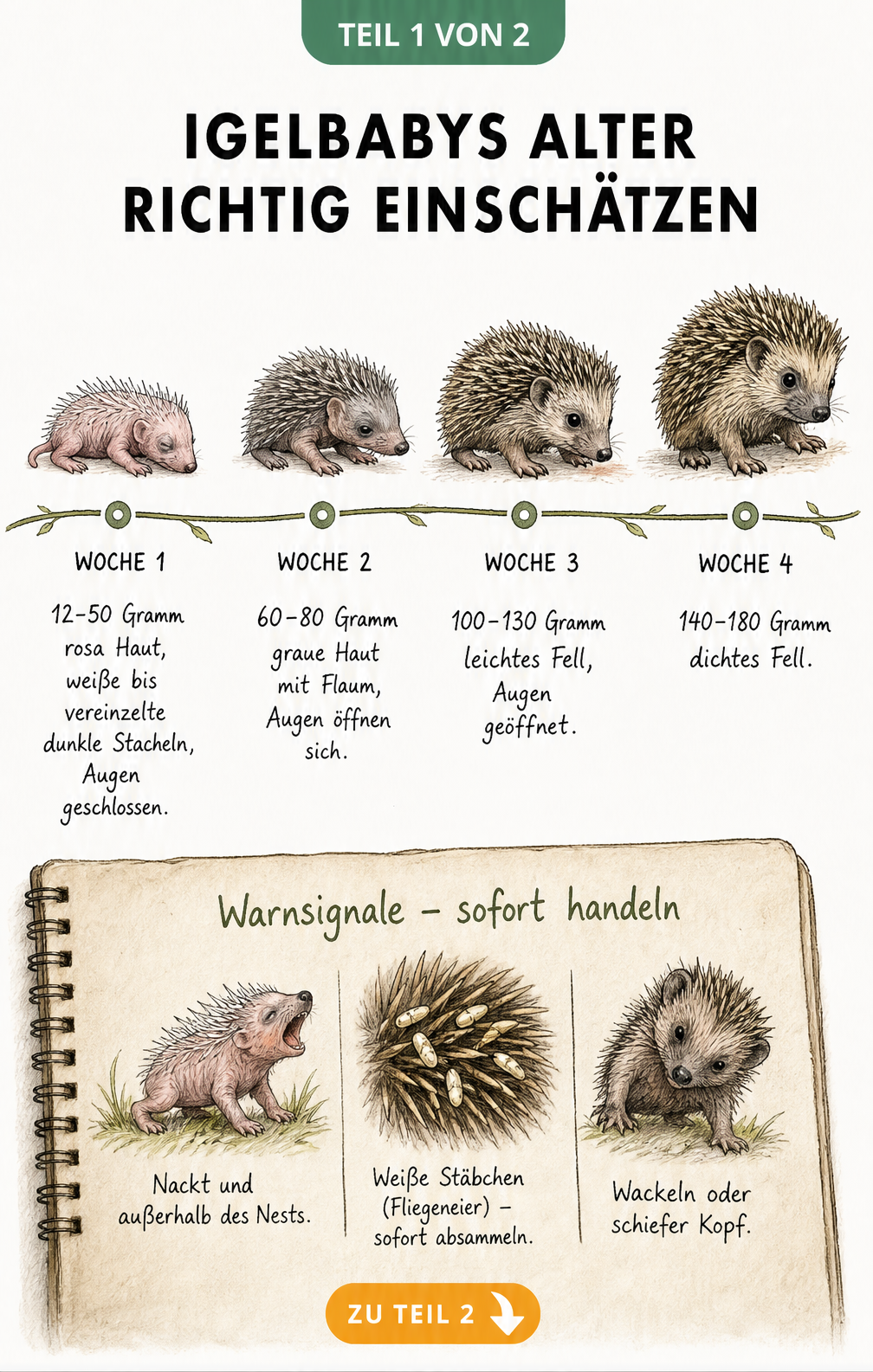 Zeitachse zur Entwicklung von Igelbabys in vier Phasen mit Gewichtsangaben und Warnsignalen wie Fliegeneiern.