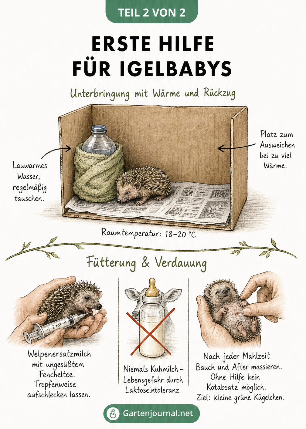 Schnittzeichnung einer Notfall-Unterbringung für Igelbabys und Anleitung zur Fütterung mit Welpenersatzmilch sowie Bauchmassage.