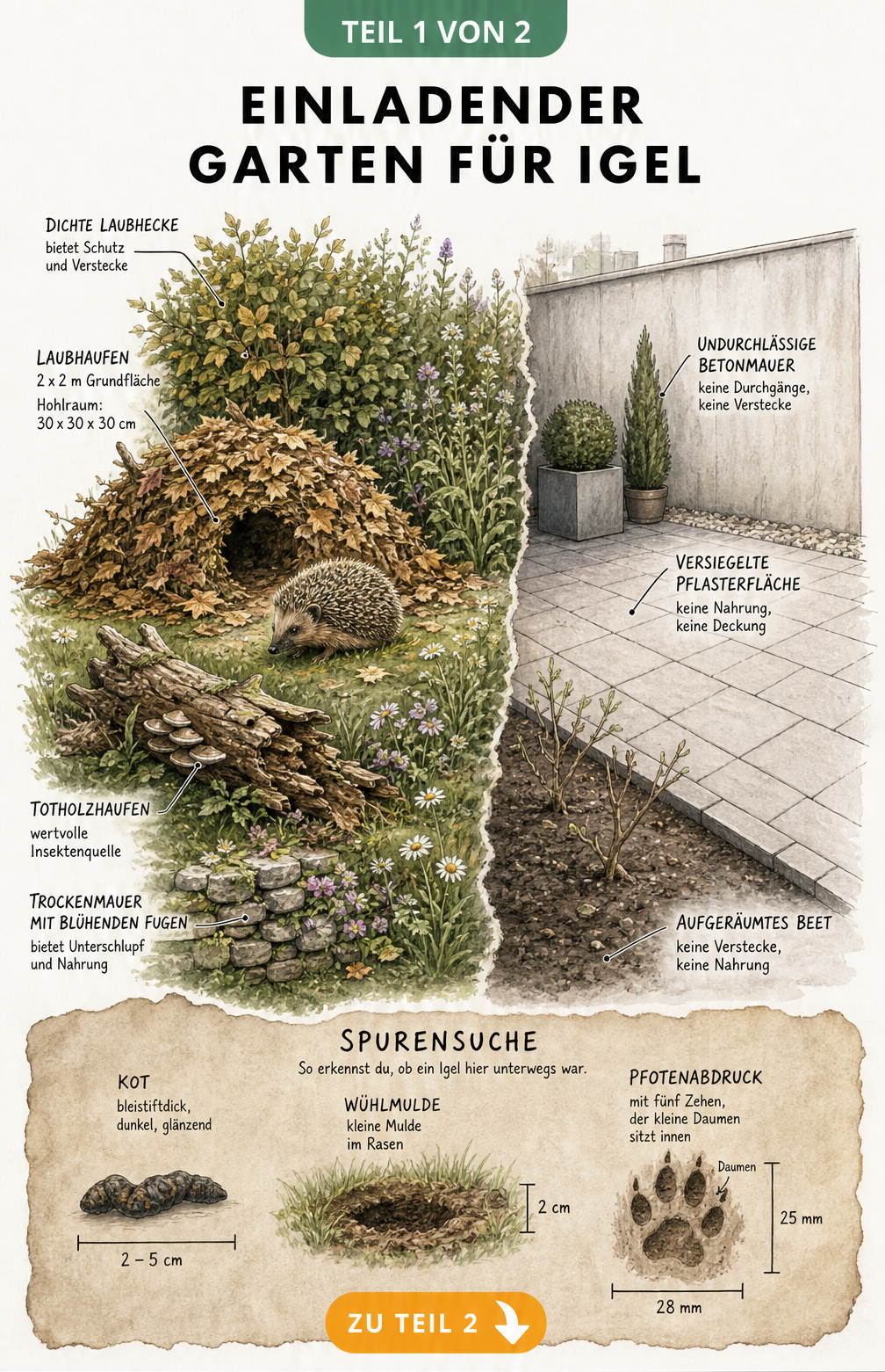 Illustration eines igelfreundlichen Gartens mit Laubhaufen, Hecke und Totholz im Vergleich zu einem kahlen Garten mit Betonmauer