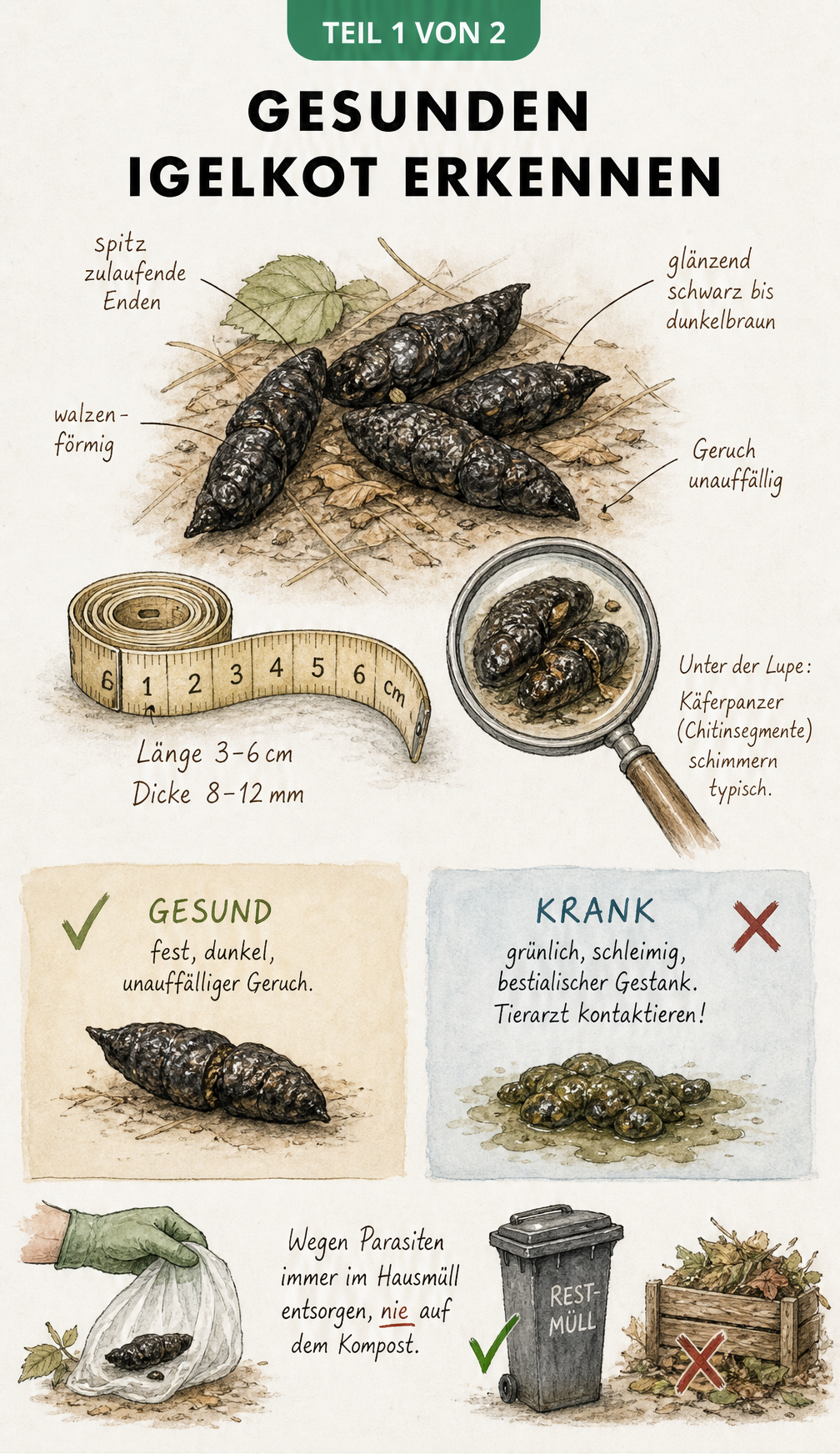 Illustration von gesundem und krankem Igelkot mit Maßband und Lupe, die Käferpanzer zeigt