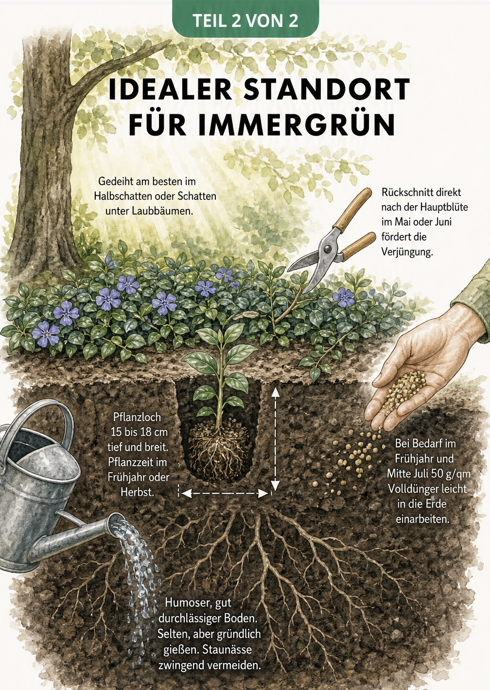 Querschnitt eines Gartenbeets mit Immergrün unter einem Laubbaum, inklusive Tipps zu Pflanzung, Rückschnitt und Boden