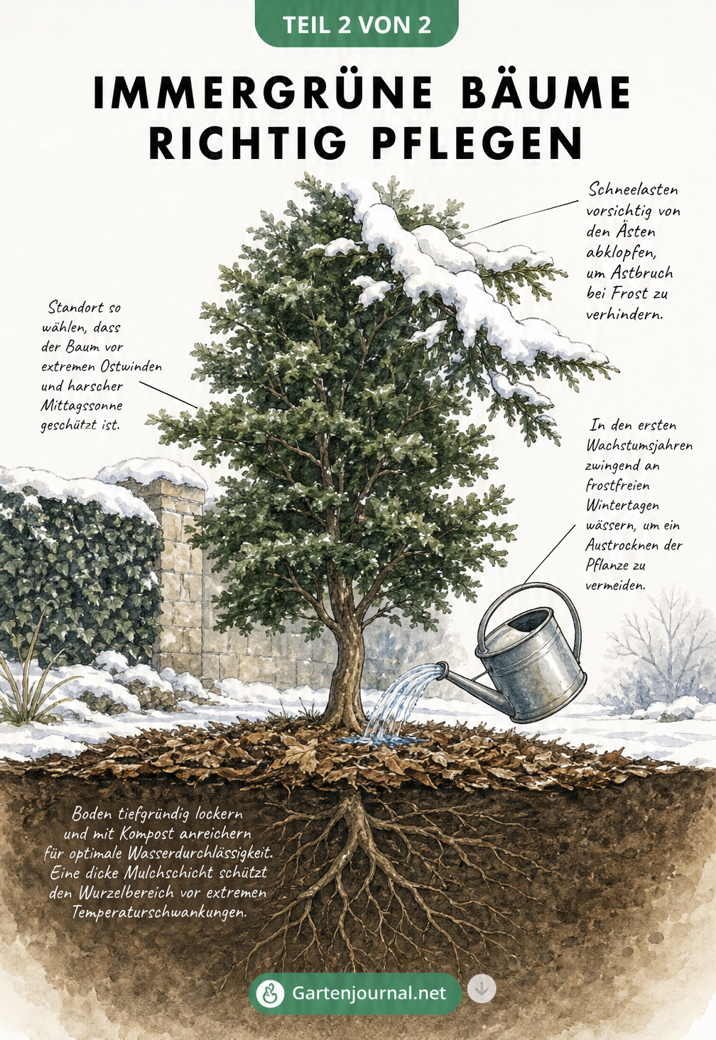 Zeichnung eines immergrünen Baumes im Winter mit Pflegetipps zu Schneelast, Windschutz, Bodenpflege und Bewässerung an frostfreien Tagen.