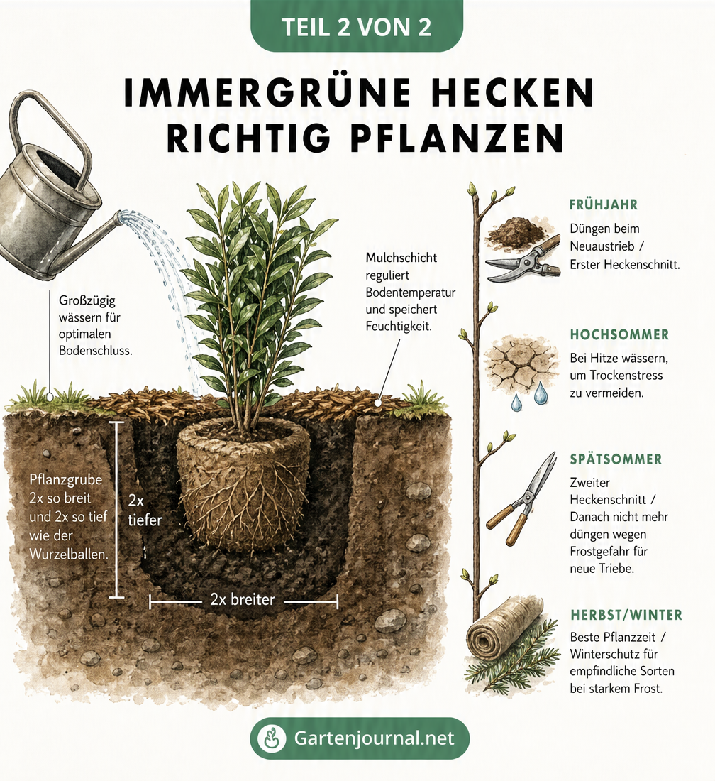 Querschnitt einer Pflanzgrube mit einer frisch eingesetzten Heckenpflanze, Mulchschicht und einem Jahreszeiten-Zeitstrahl zur Pflege.