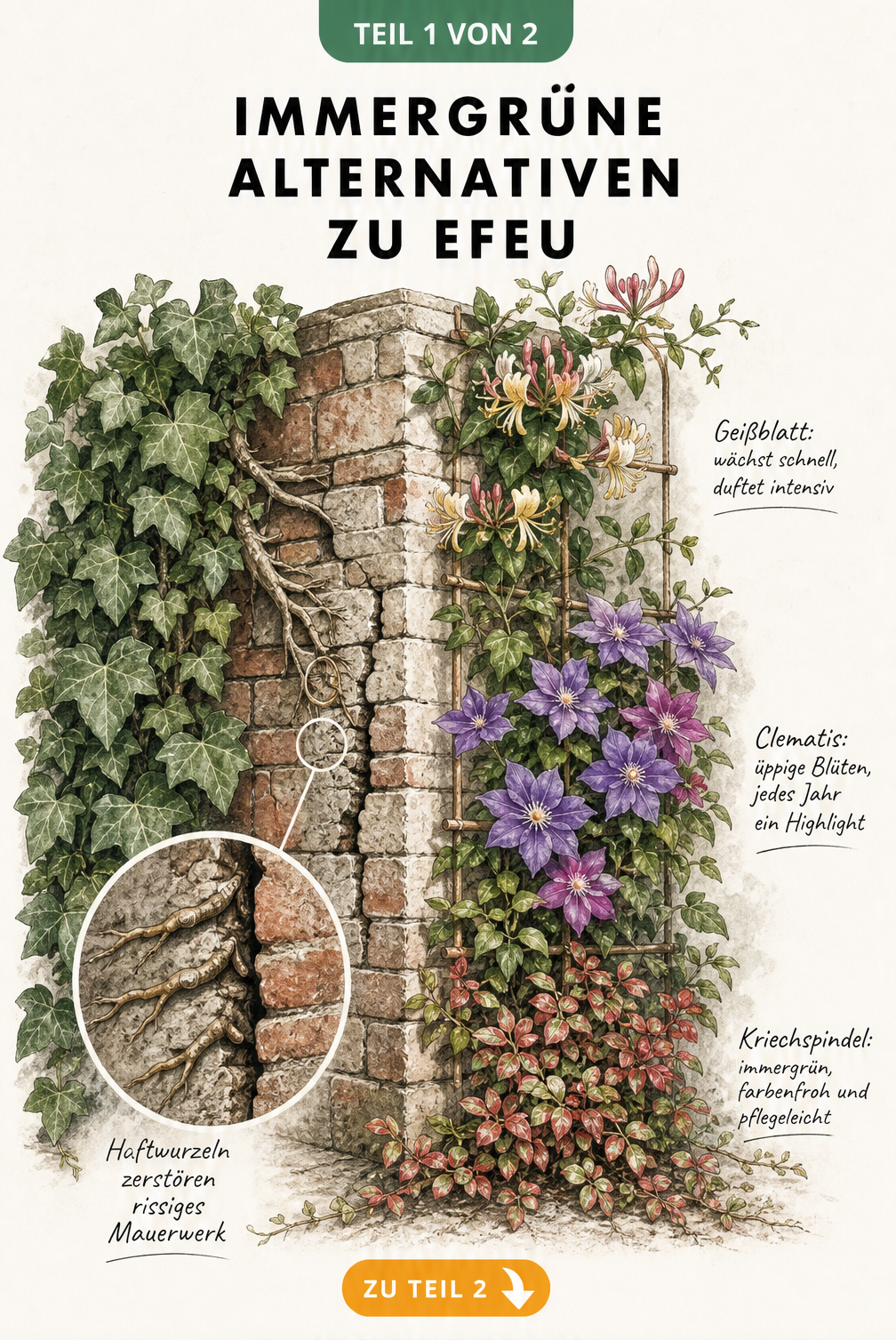Illustration einer Ziegelmauer mit Efeu und fassadenschonenden Kletterpflanzen wie Geißblatt, Clematis und Kriechspindel