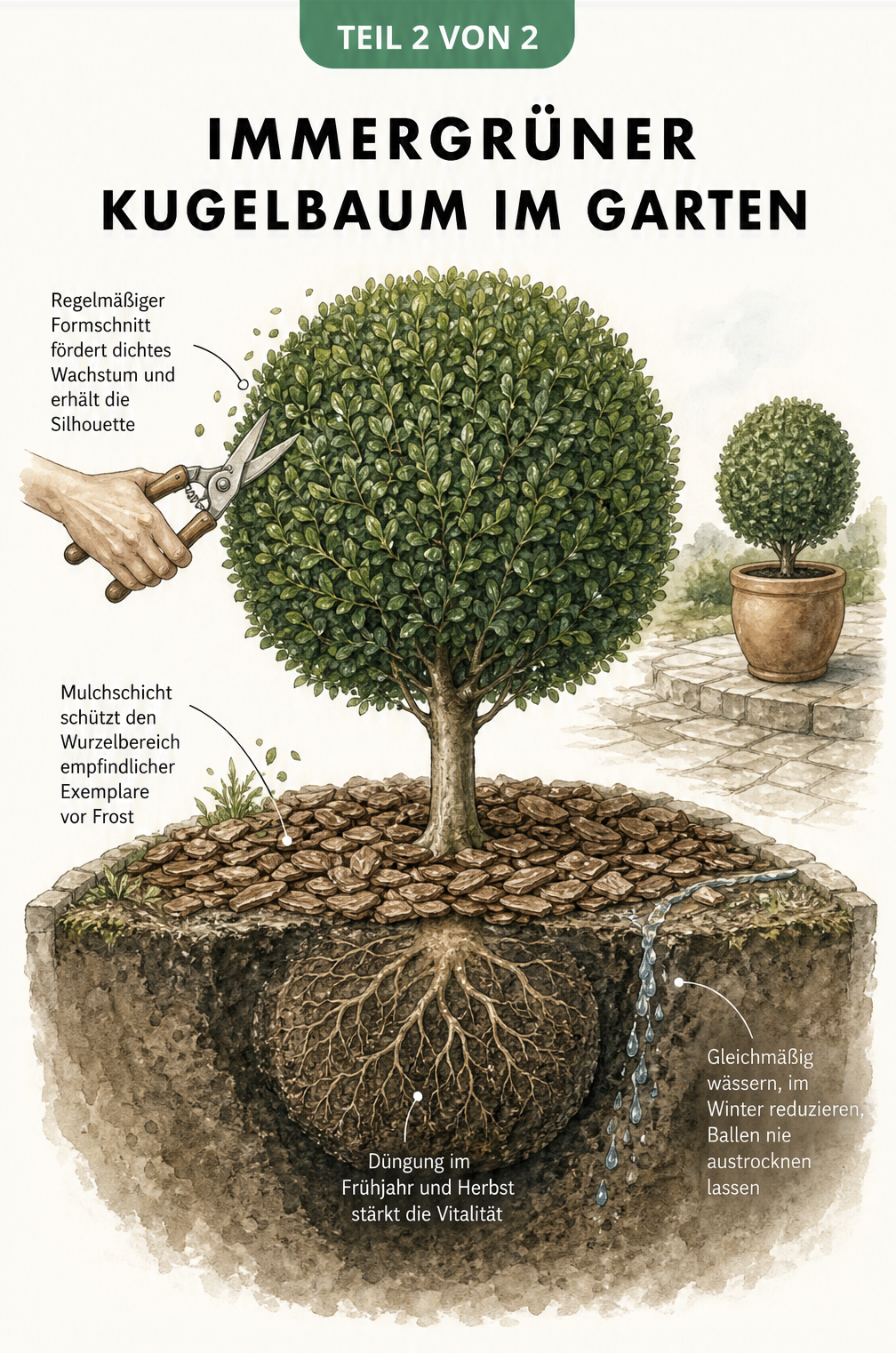 Illustration eines Kugelbaums mit Querschnitt durch das Erdreich, die Tipps zu Formschnitt, Mulchen, Düngung und Bewässerung zeigt