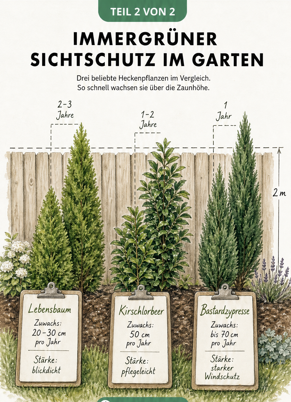 Illustration von Lebensbaum, Kirschlorbeer und Bastardzypresse als Heckenpflanzen vor einem Holzzaun