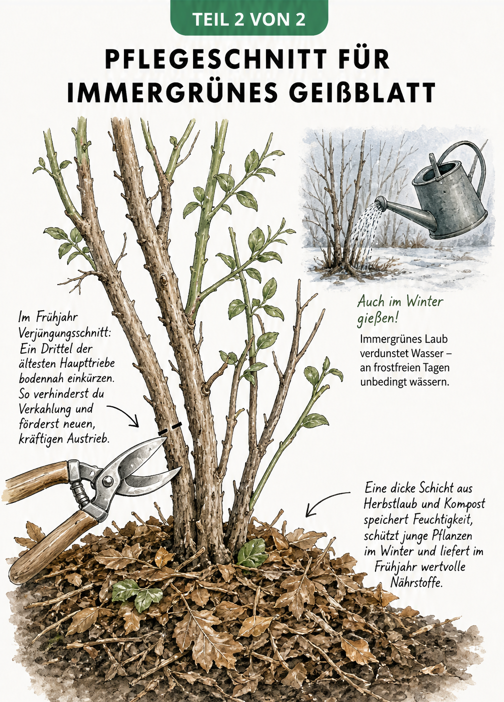 Zeichnung eines Geißblatts beim Verjüngungsschnitt mit Gartenschere, Mulchschicht und Gießkanne im Winter.