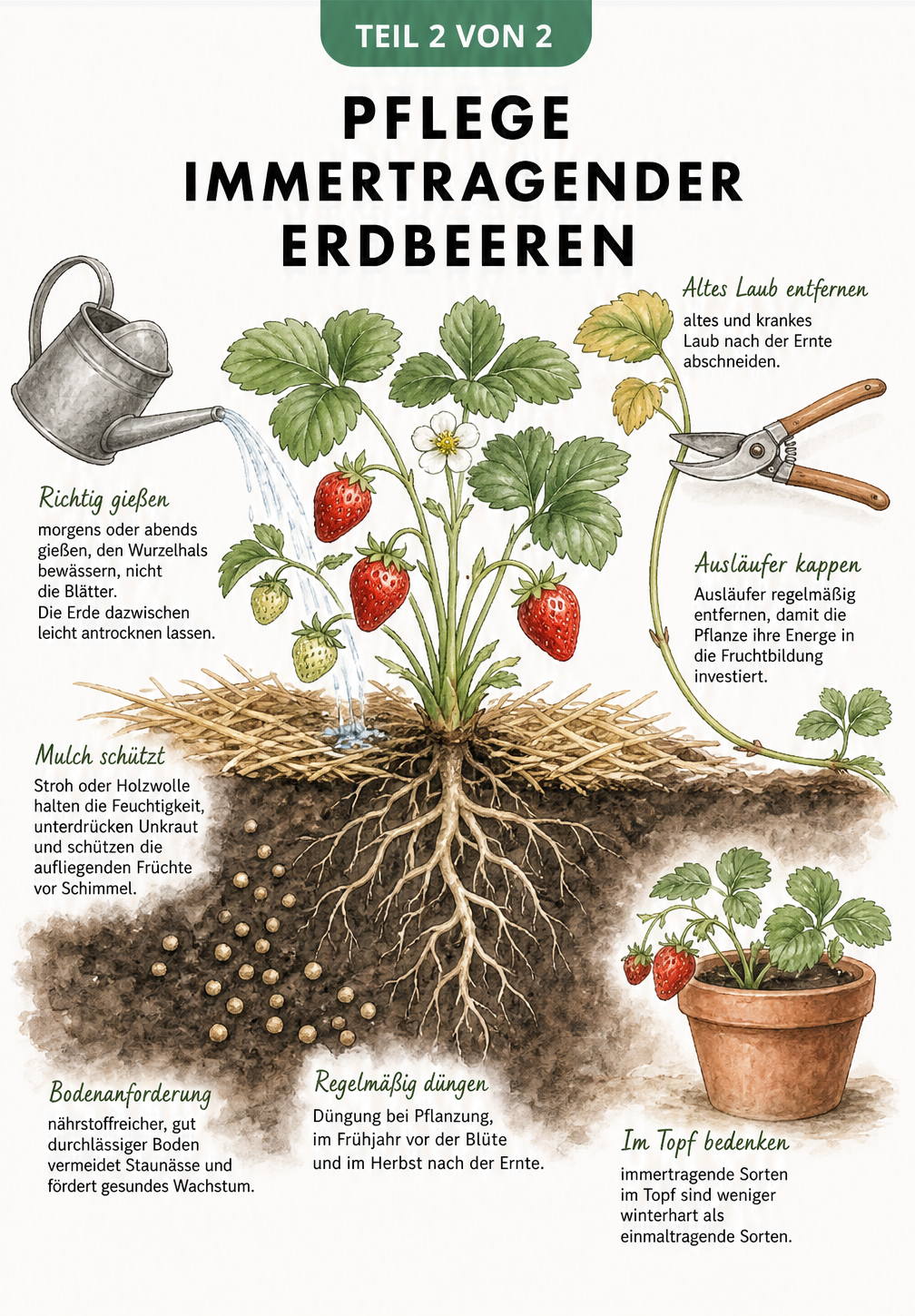 Querschnitt einer Erdbeerpflanze im Beet mit Hinweisen zu Boden, Mulch, Gießen, Düngen und Ausläufer schneiden