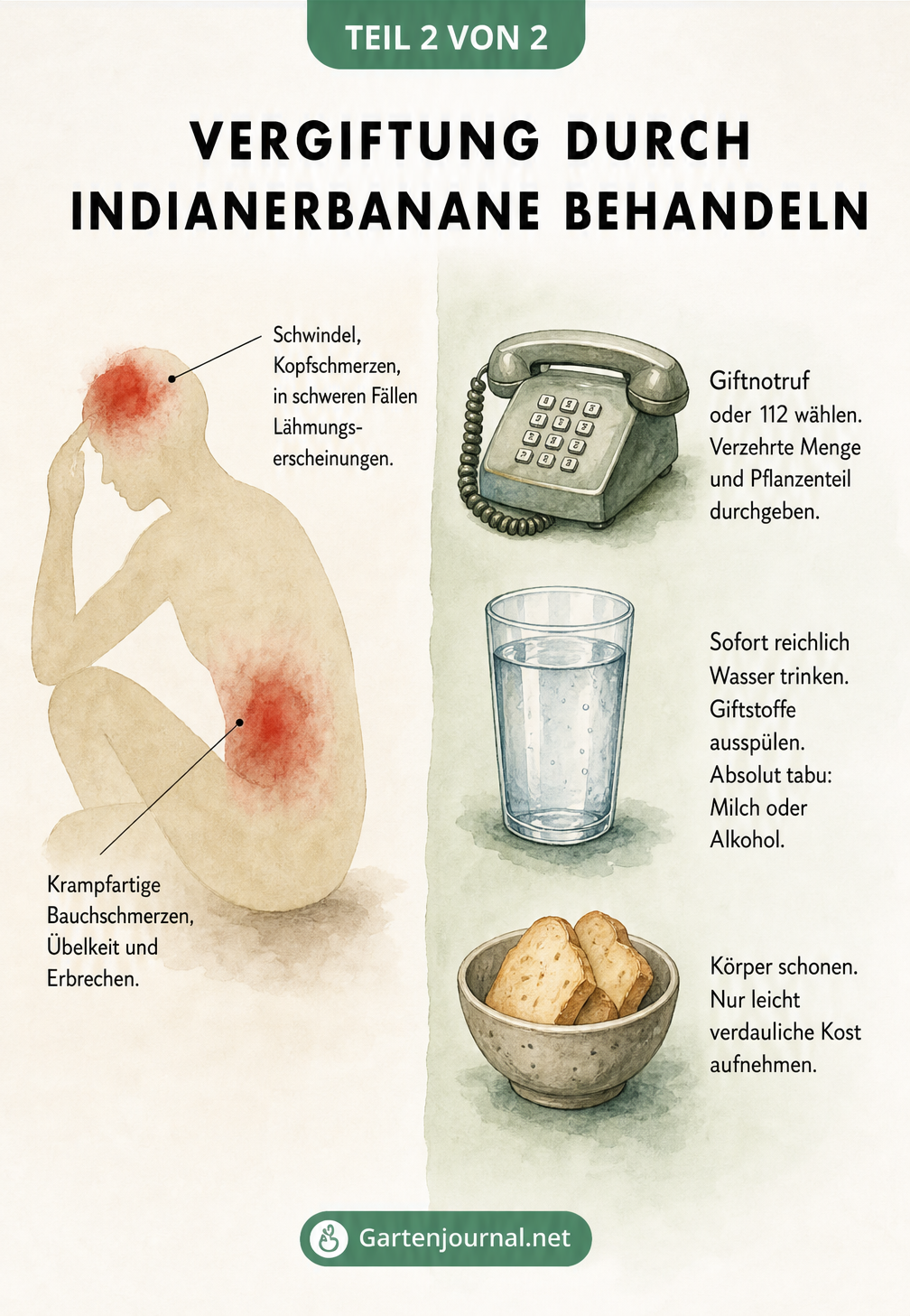 Illustration zur Behandlung einer Vergiftung durch die Indianerbanane mit Symptomen wie Übelkeit und Handlungsschritten wie Giftnotruf wählen und Wasser...