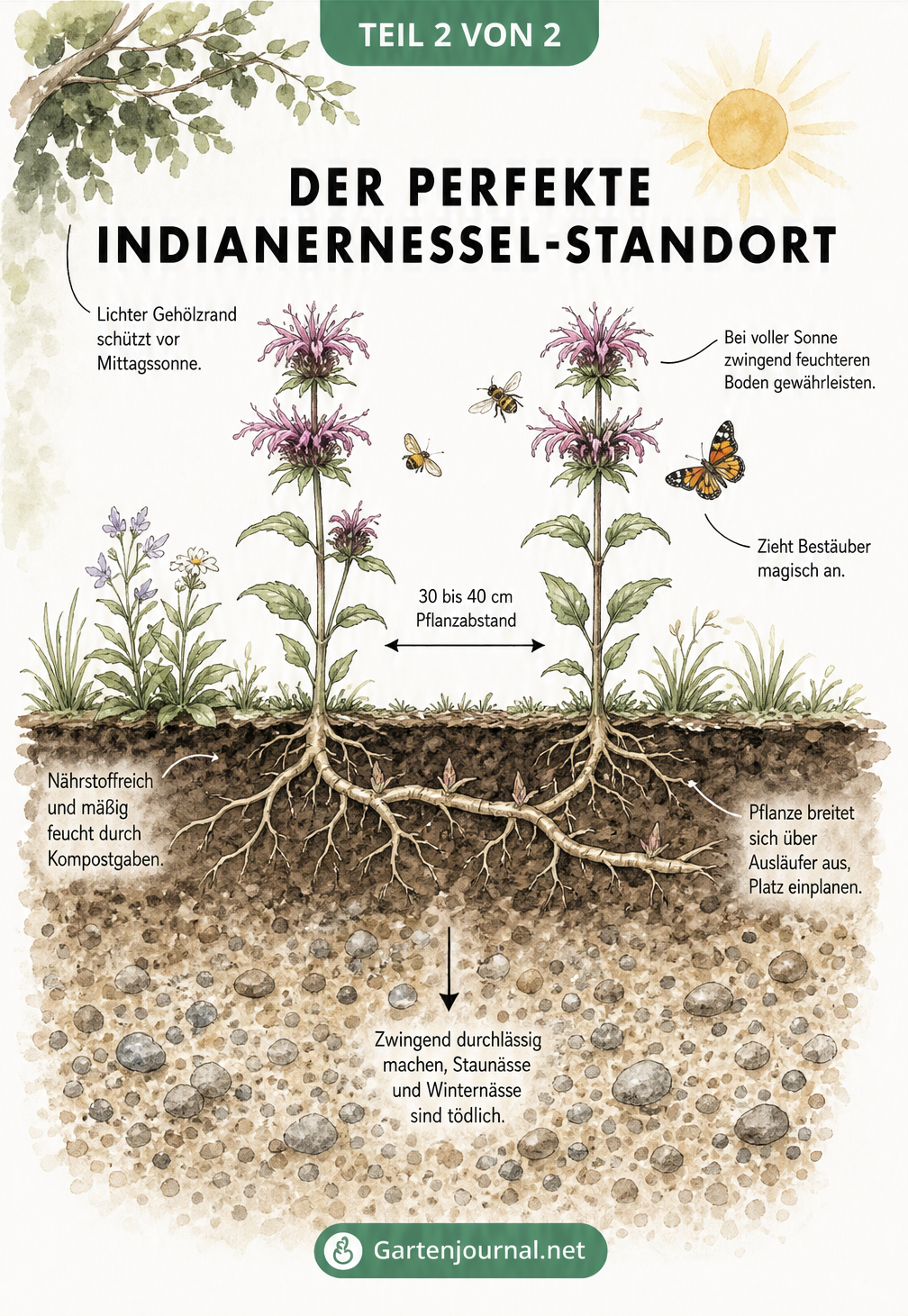 Querschnitt durch das Erdreich mit zwei blühenden Indianernesseln, die den idealen Pflanzabstand und Bodenaufbau zeigen