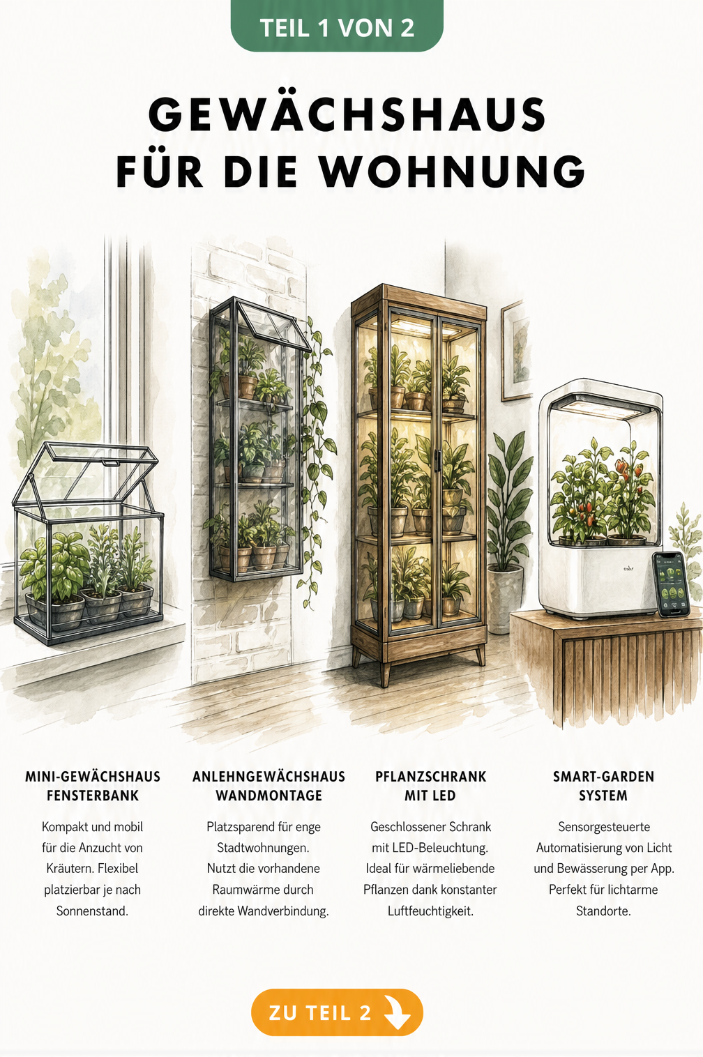 Illustration von vier verschiedenen Indoor-Gewächshaus-Typen: Mini-Gewächshaus, Anlehngewächshaus, Pflanzschrank und Smart-Gardening-System