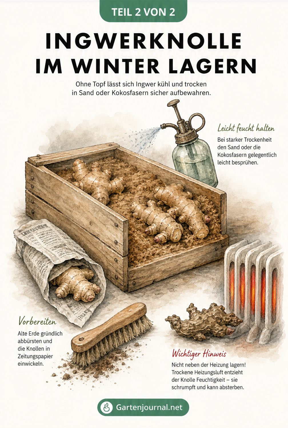 Holzkiste mit Ingwerknollen in Sand und Kokosfasern, Sprühflasche und Warnung vor Heizungsluft