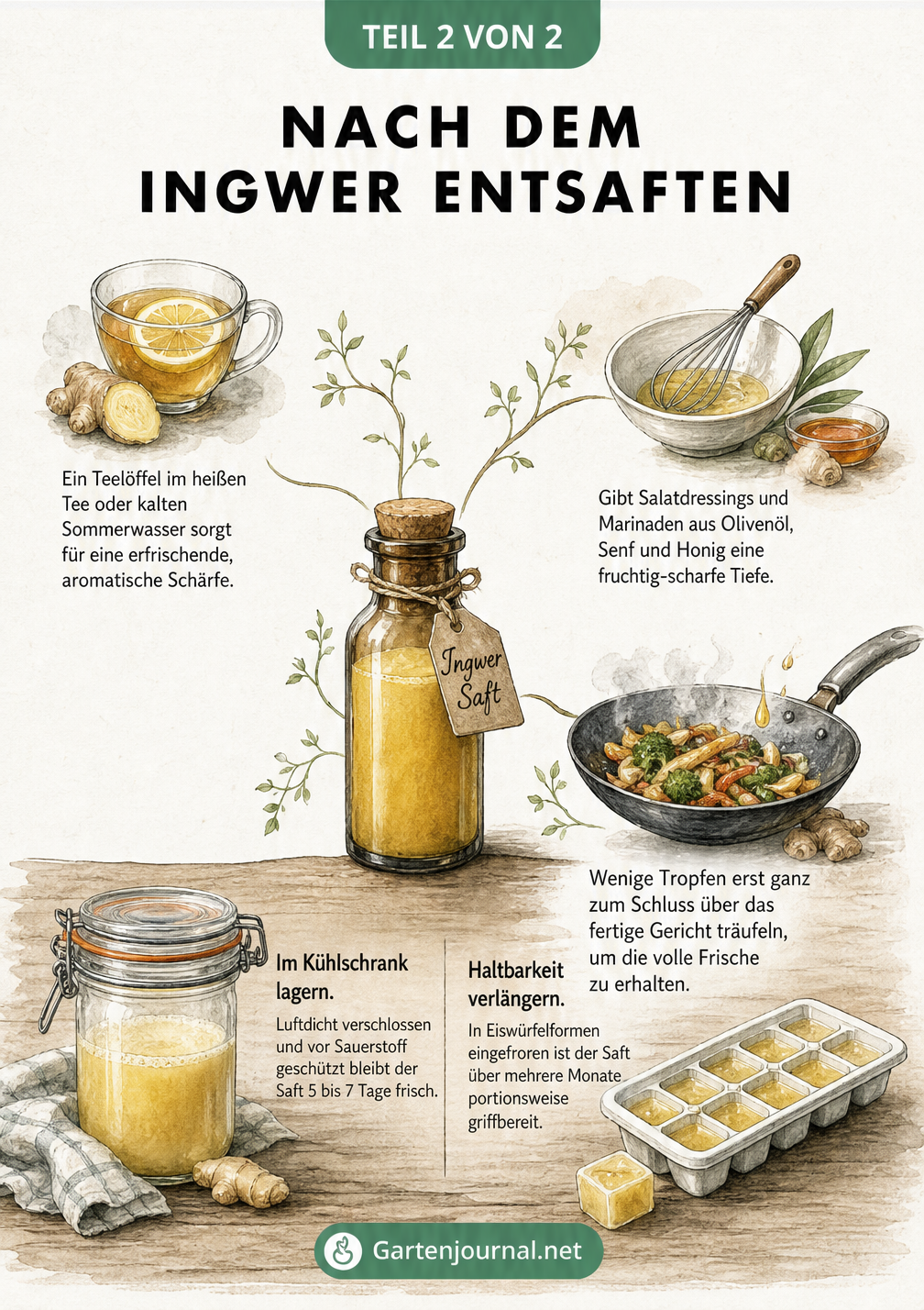 Illustration zur Verwendung und Haltbarkeit von Ingwersaft: in Tee, Salatdressing, asiatischen Gerichten sowie Lagerung im Kühlschrank und als Eiswürfel.