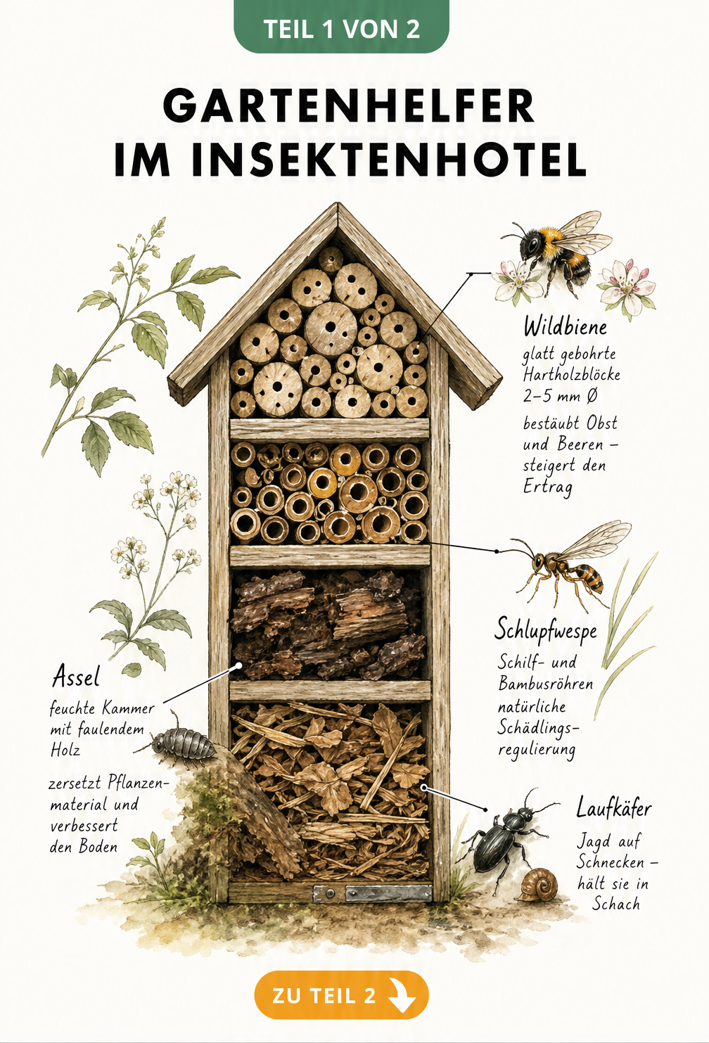 Illustration eines Insektenhotels mit verschiedenen Kammern für Wildbienen, Schlupfwespen, Laufkäfer und Asseln