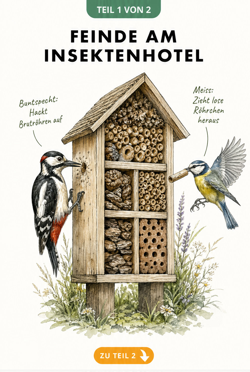 Illustration eines Insektenhotels, an dem ein Buntspecht Brutröhren aufhackt und eine Meise lose Röhrchen herauszieht.