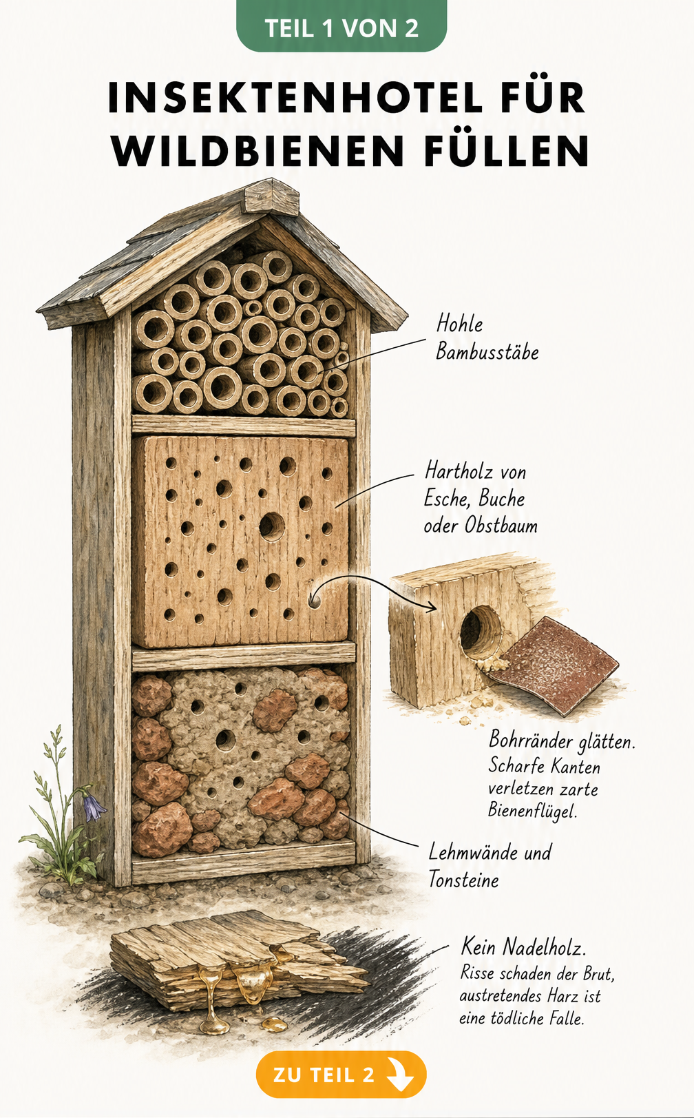 Schnittdarstellung eines Insektenhotels mit hohlen Bambusstäben, Hartholz und Lehmwänden als Nistmaterial für Wildbienen