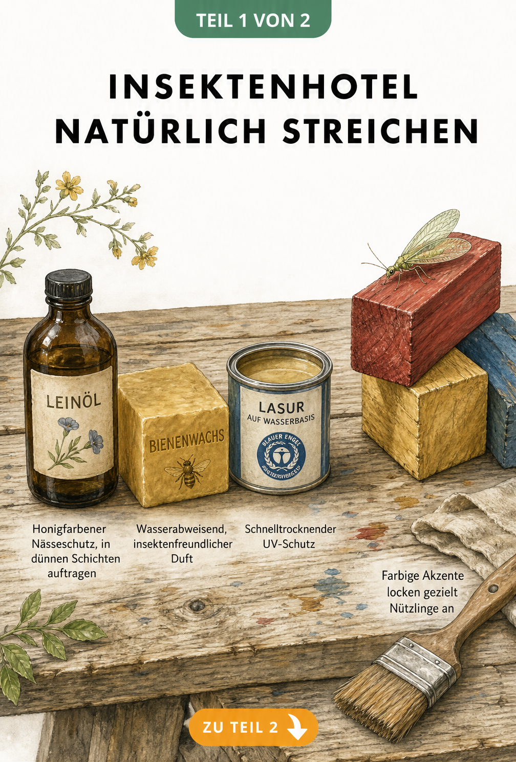 Illustration einer Werkbank mit Leinöl, Bienenwachs, Lasur auf Wasserbasis und bemalten Holzklötzen für ein Insektenhotel