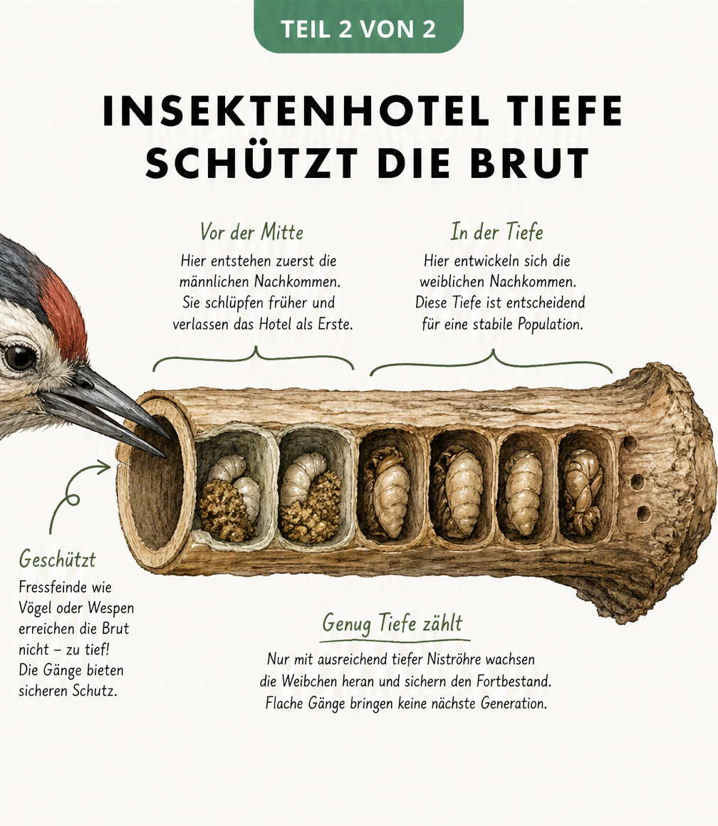 Makro-Illustration einer aufgeschnittenen Niströhre, die zeigt, wie tiefe Gänge vor Vögeln schützen und die Entwicklung weiblicher Nachkommen fördern.