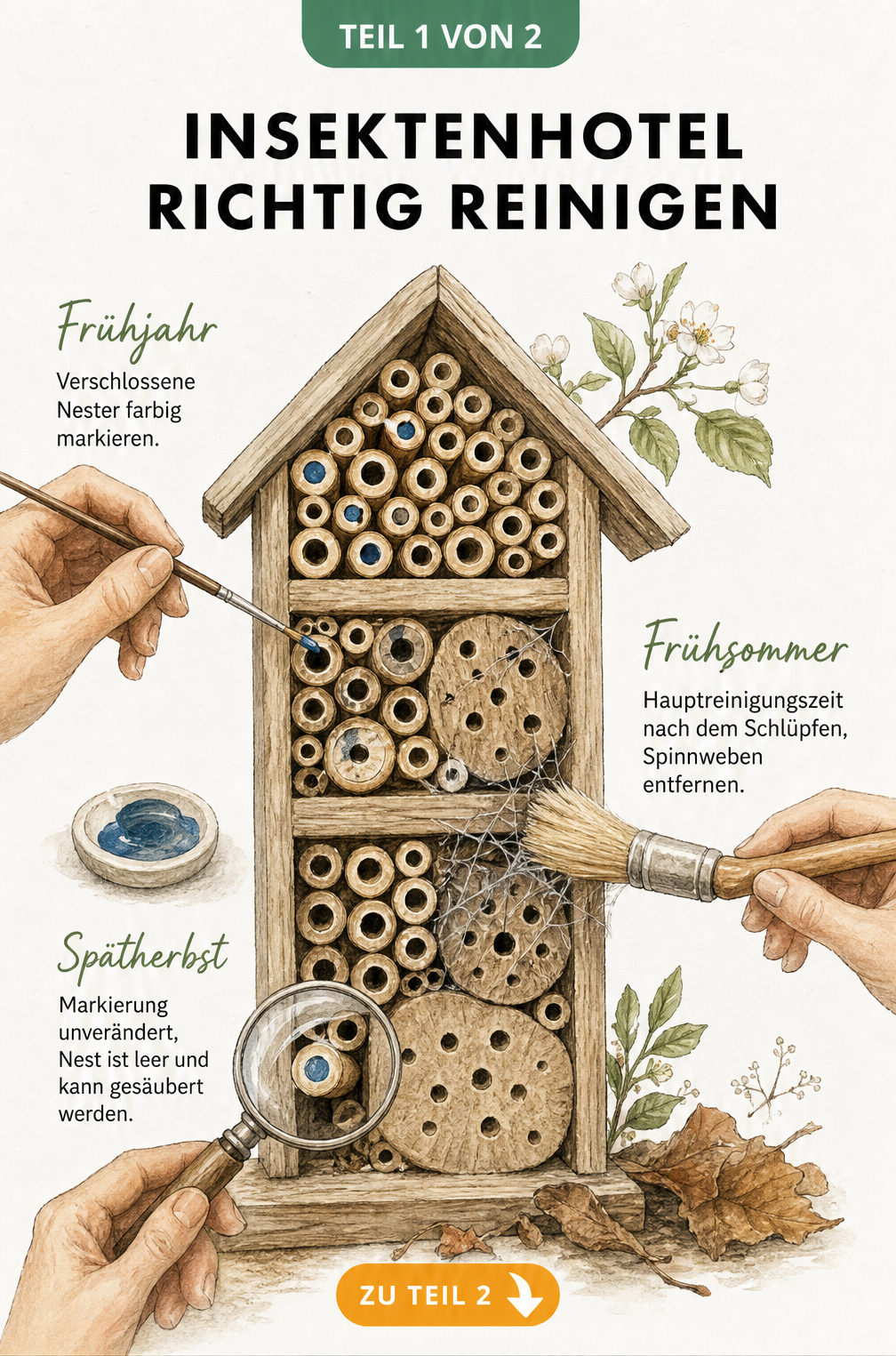 Illustration eines Insektenhotels mit jahreszeitlichem Ablauf der Reinigung im Frühjahr, Frühsommer und Spätherbst