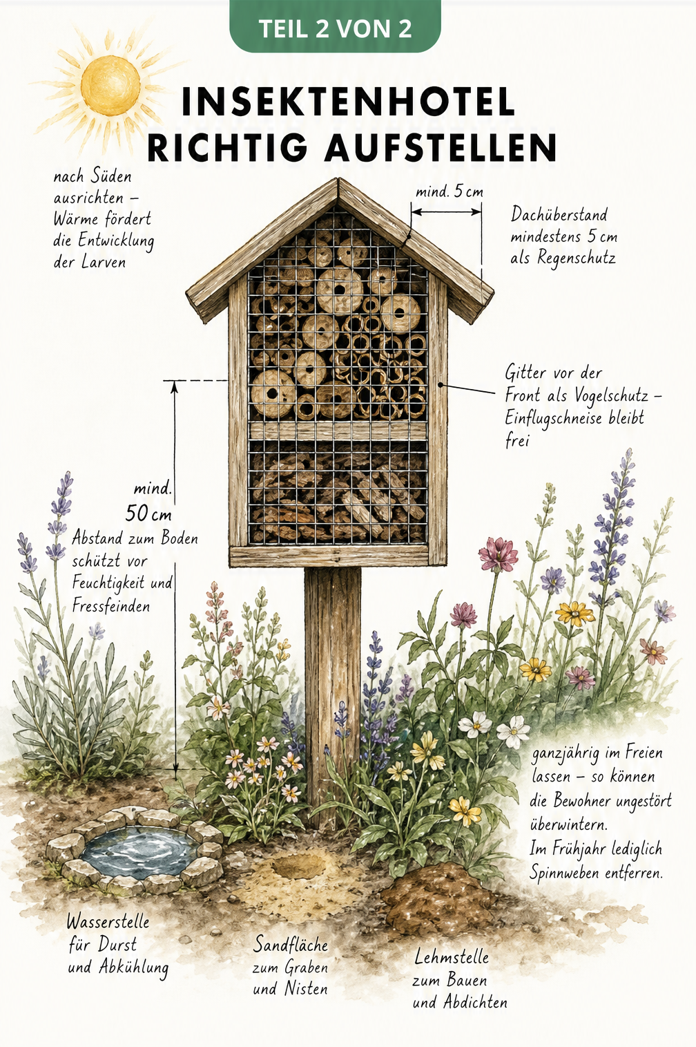 Skizze zur richtigen Aufstellung eines Insektenhotels mit Maßangaben zu Höhe, Dachüberhang und Ausrichtung