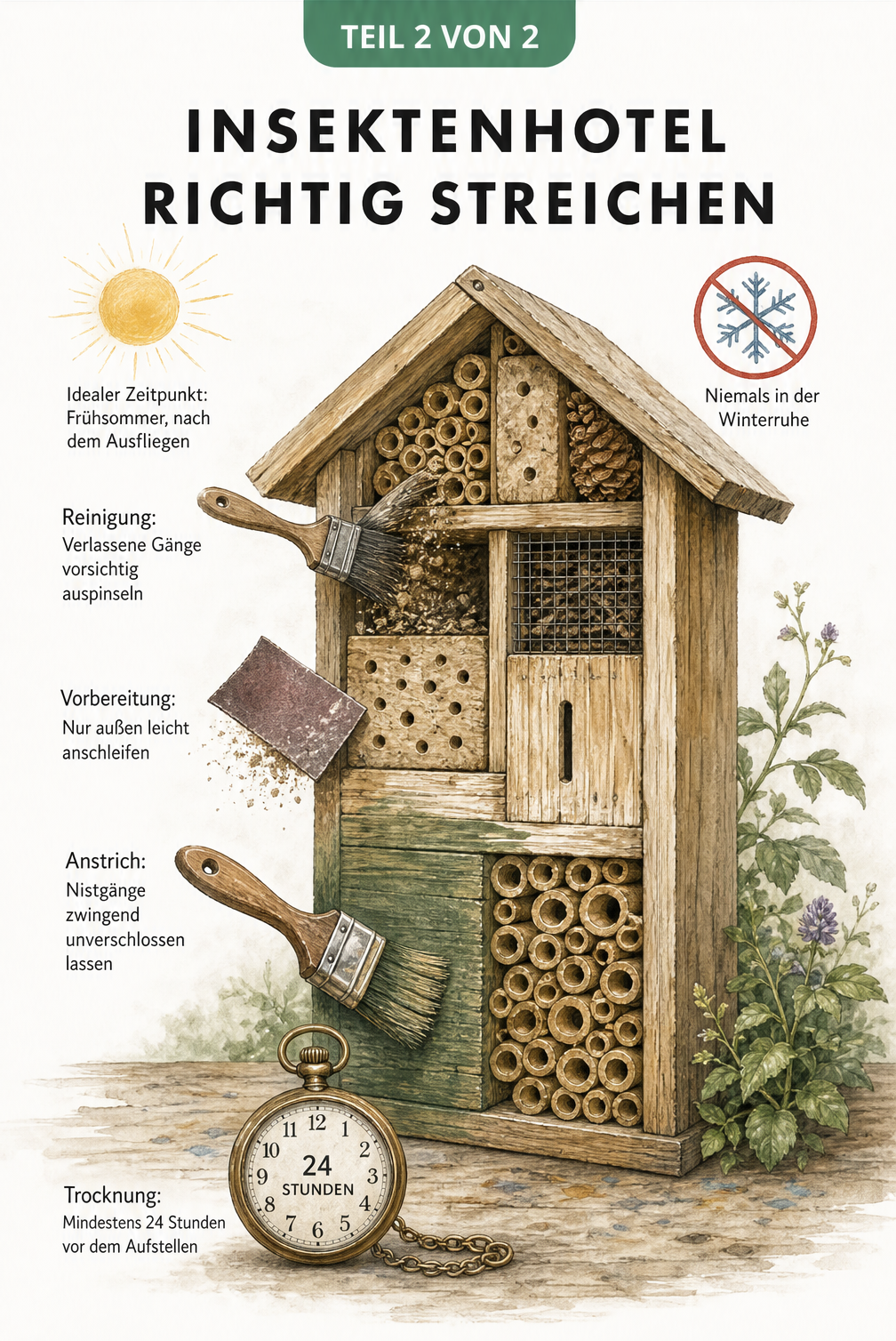 Architekturskizze eines Insektenhotels mit Anleitung zu Reinigung, Vorbereitung, Anstrich und Trocknung